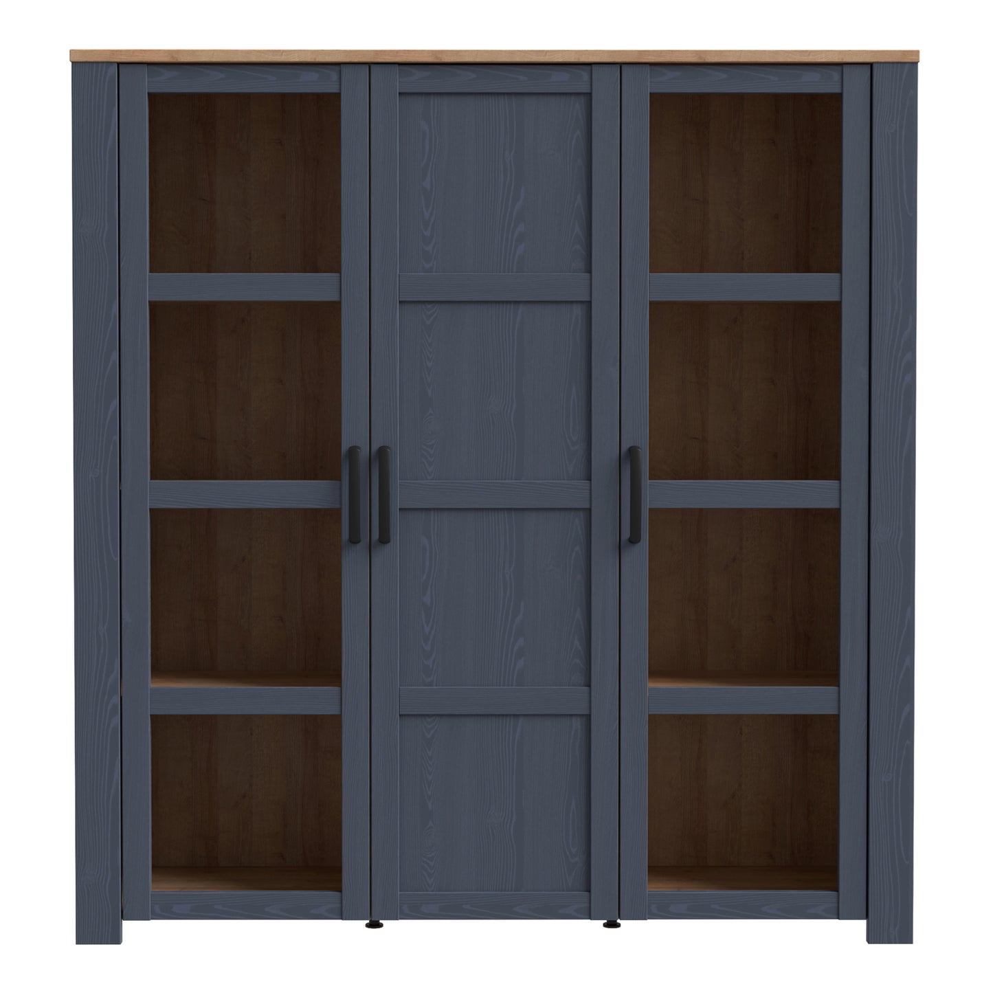 bohol 3 door large display cabinet in riviera oak/navy