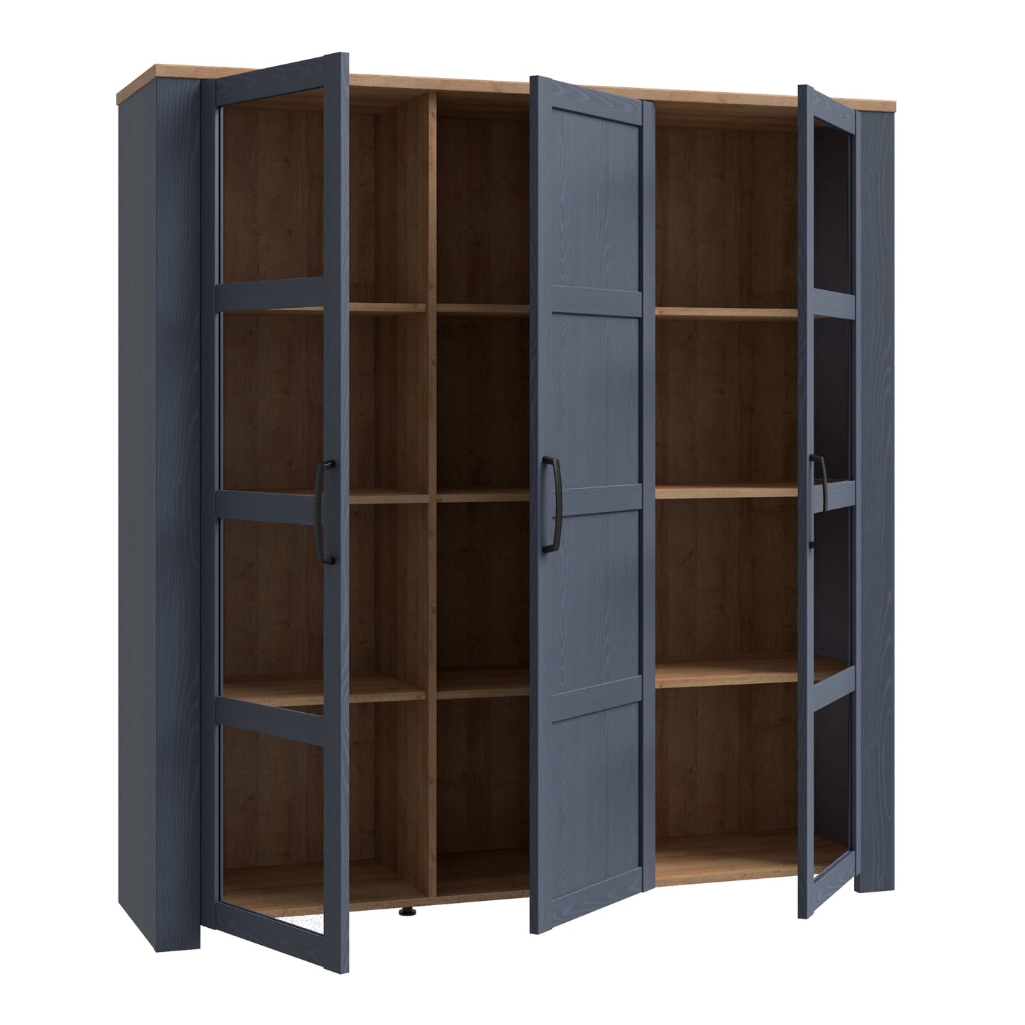 bohol 3 door large display cabinet in riviera oak/navy