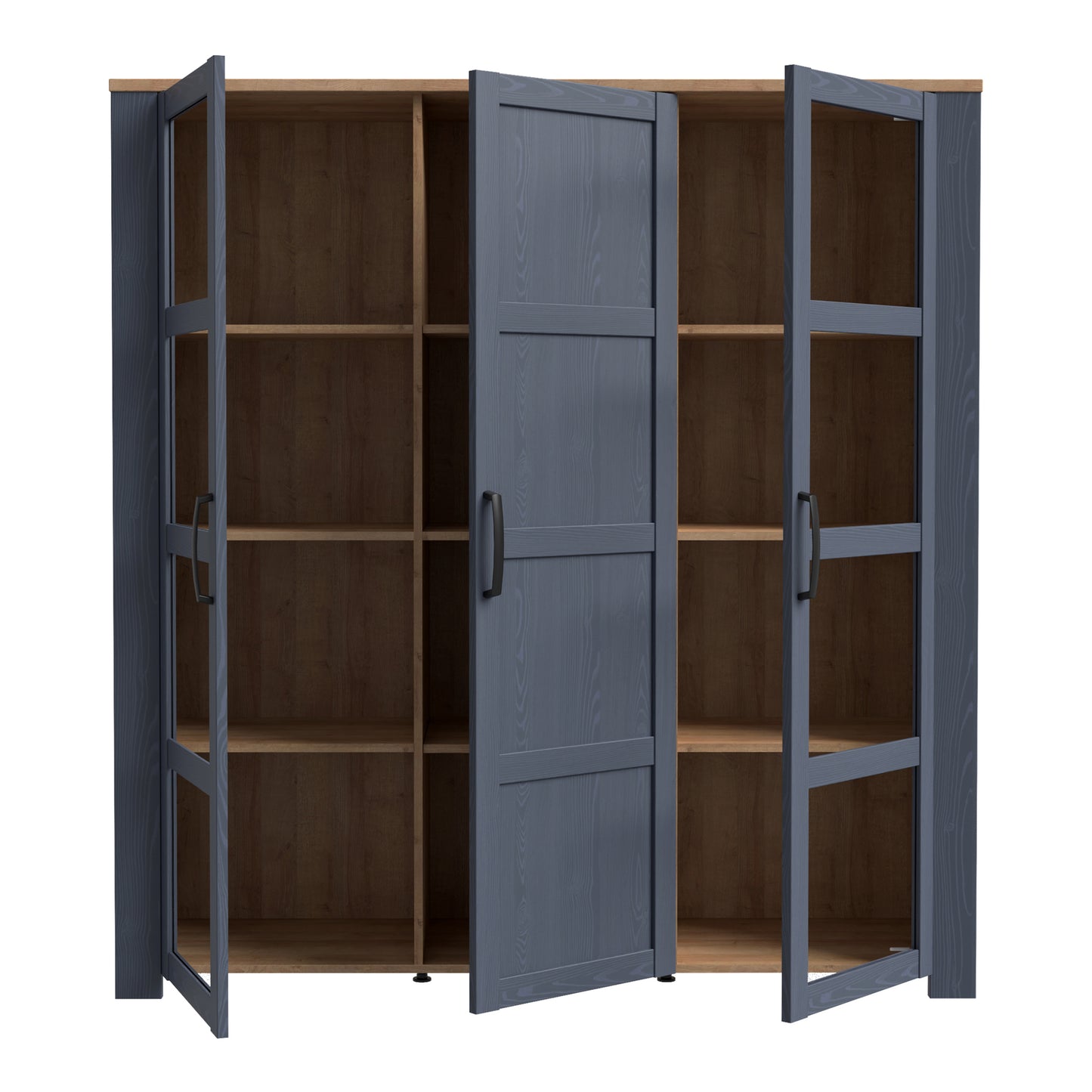 bohol 3 door large display cabinet in riviera oak/navy