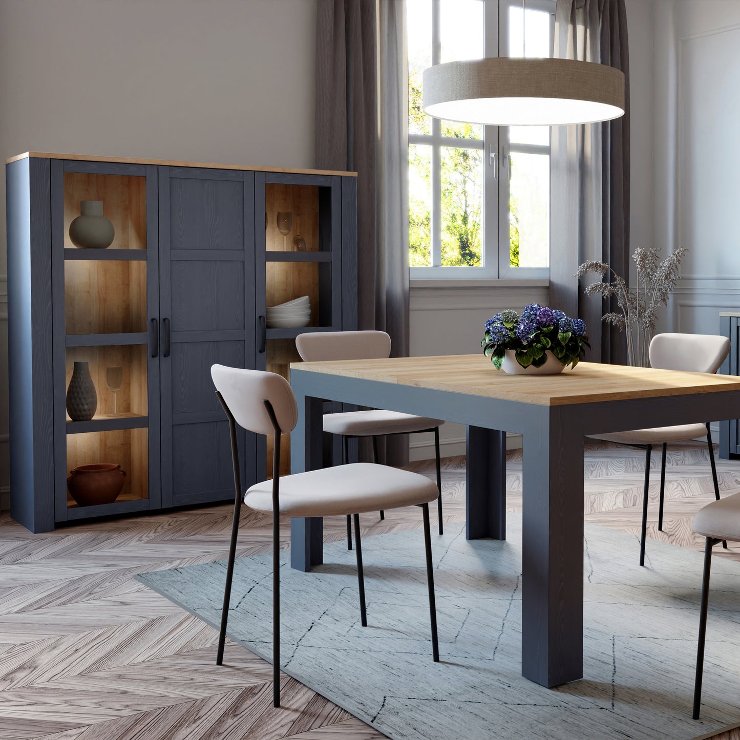 bohol 3 door large display cabinet in riviera oak/navy