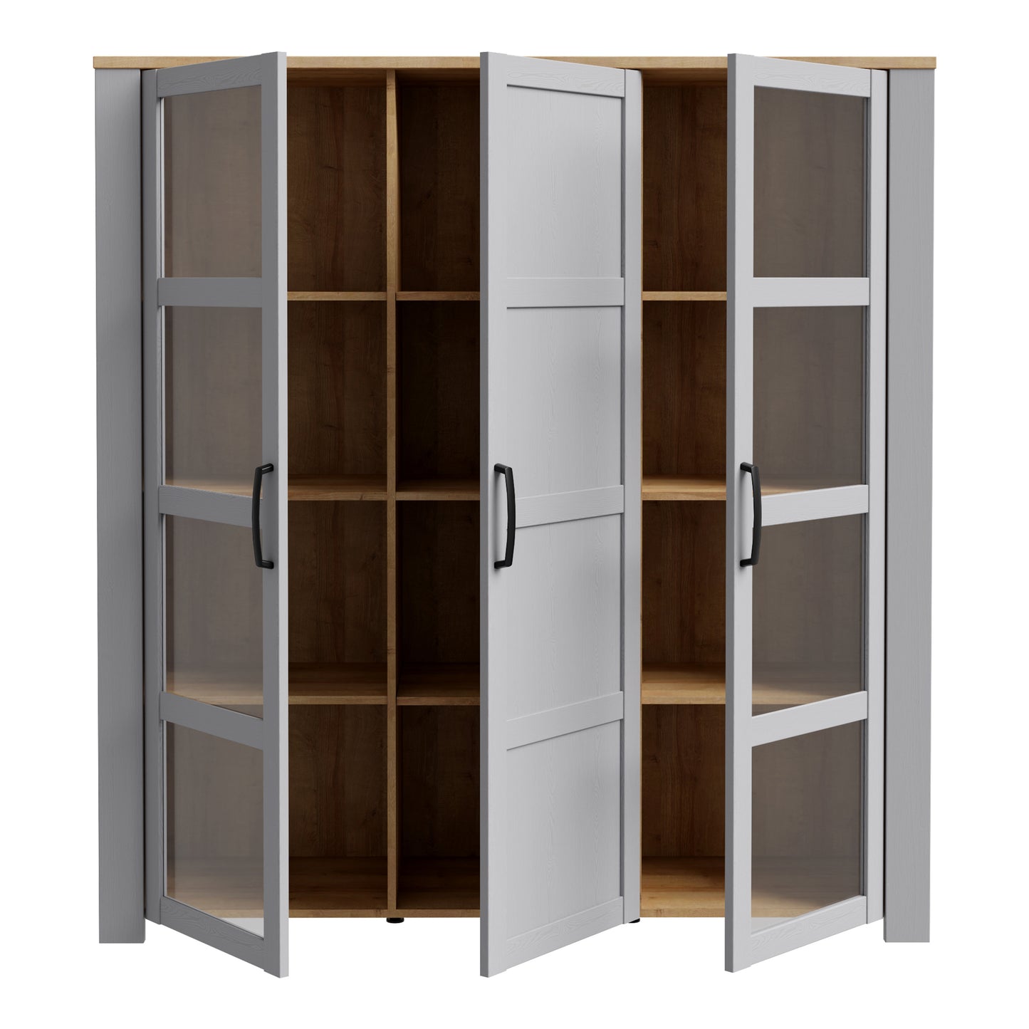 bohol 3 door large display cabinet in riviera oak/grey oak