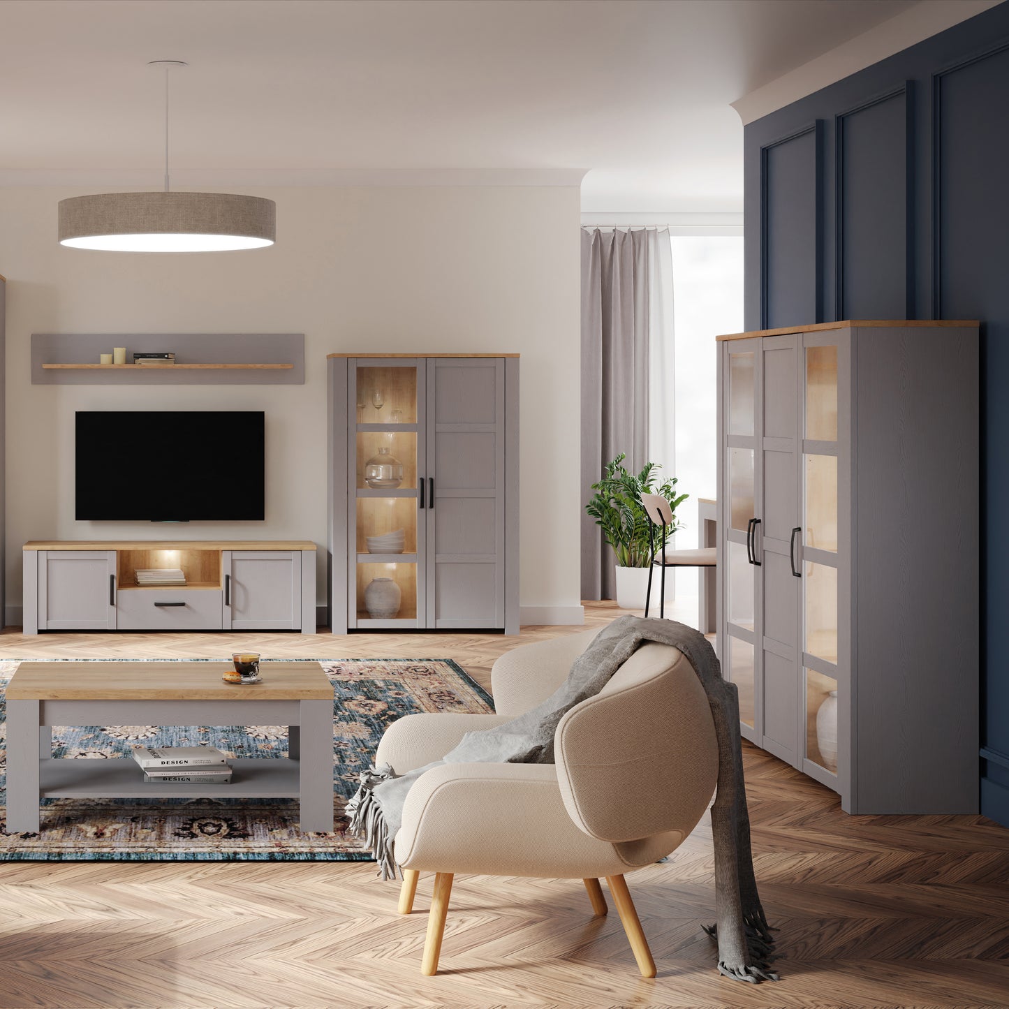 bohol 3 door large display cabinet in riviera oak/grey oak