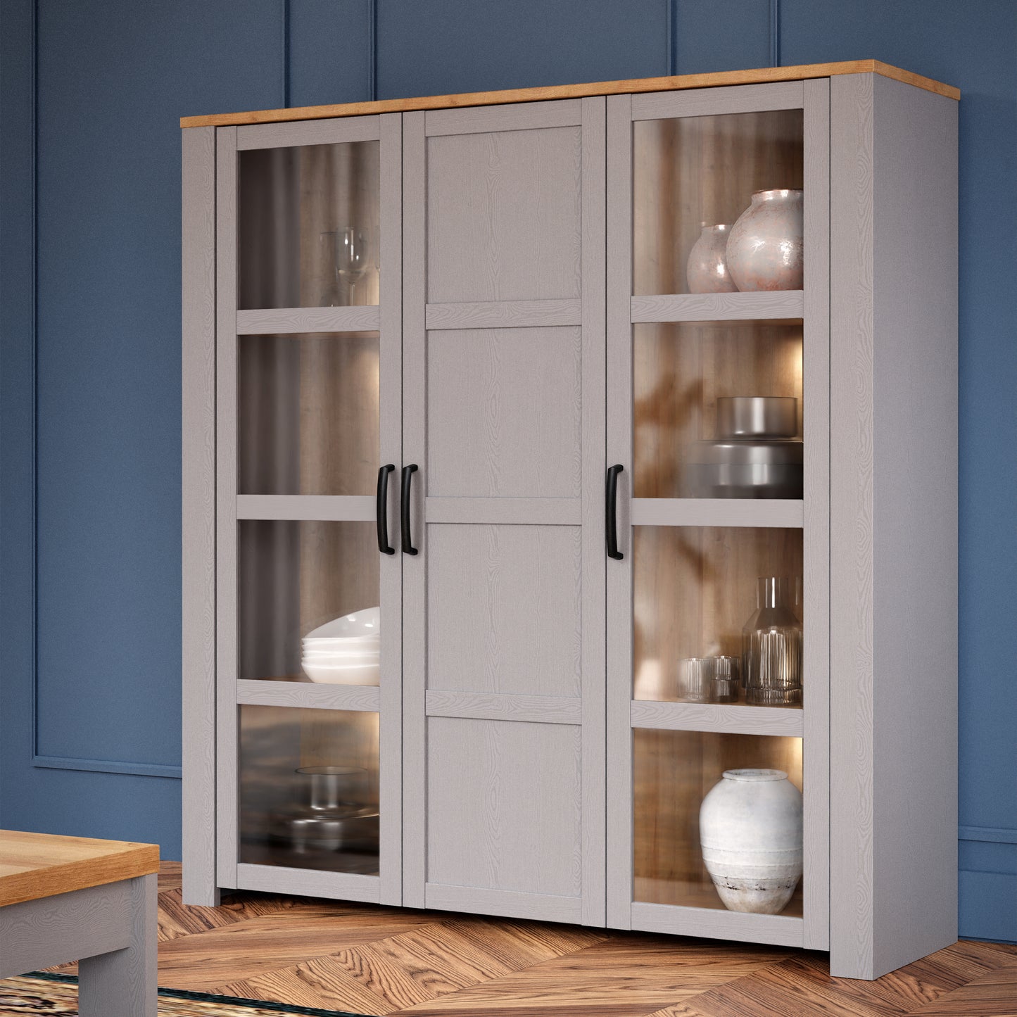bohol 3 door large display cabinet in riviera oak/grey oak