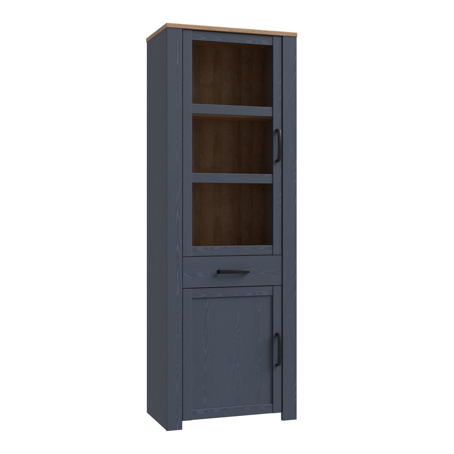 bohol 2 door 1 drawer narrow display cabinet in riviera oak/navy