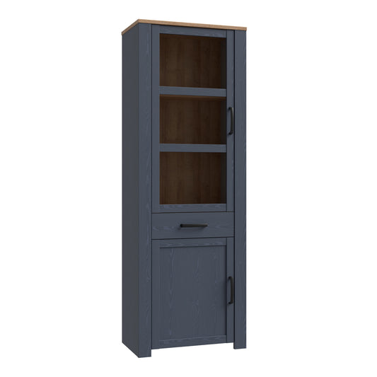 bohol 2 door 1 drawer narrow display cabinet in riviera oak/navy