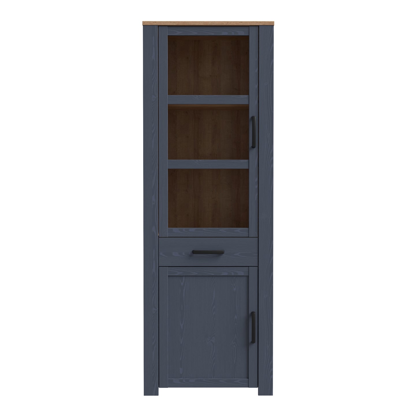 bohol 2 door 1 drawer narrow display cabinet in riviera oak/navy