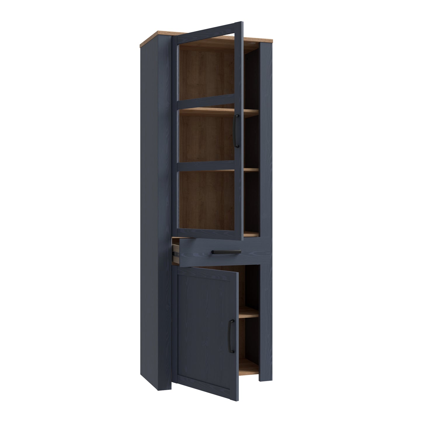 bohol 2 door 1 drawer narrow display cabinet in riviera oak/navy