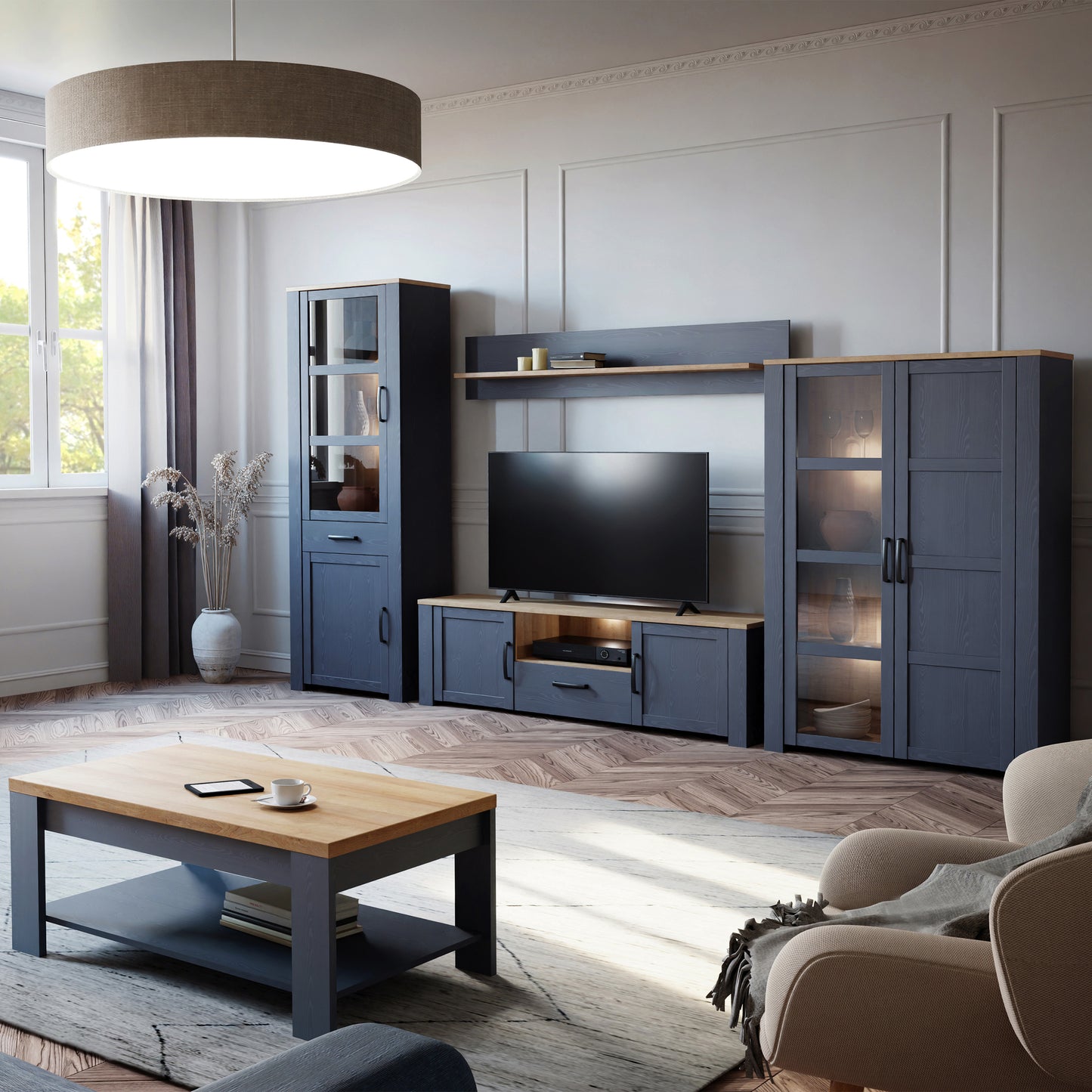 bohol 2 door 1 drawer narrow display cabinet in riviera oak/navy
