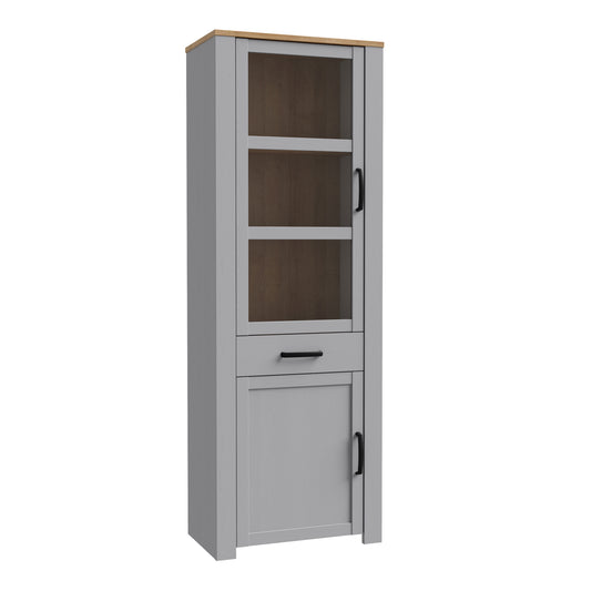bohol 2 door 1 drawer narrow display cabinet in riviera oak/grey oak