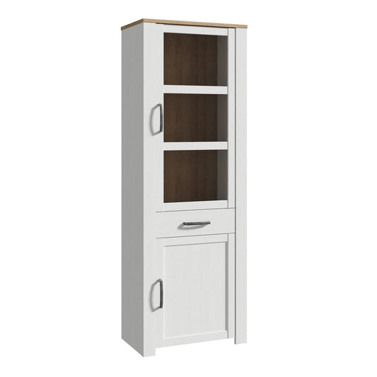 bohol 2 door 1 drawer narrow display cabinet in riviera oak/white