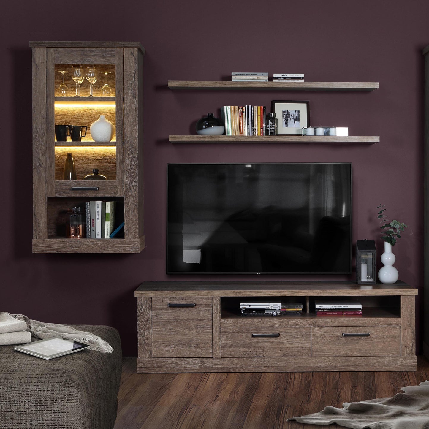 corona 1 door wall display cabinet in tabak oak