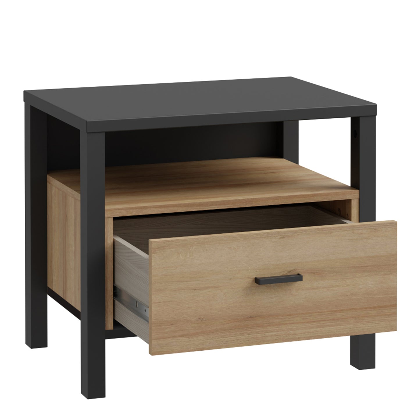 high rock bedside in matt black/riviera oak