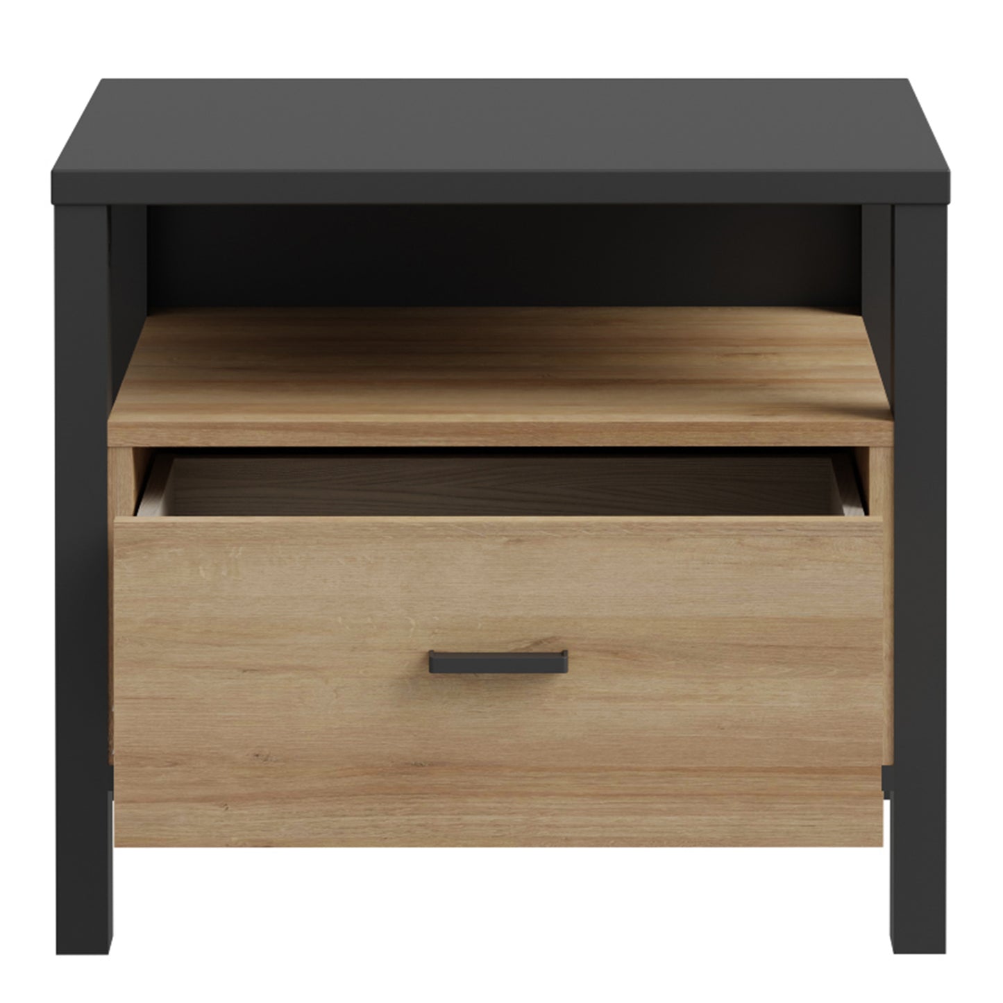 high rock bedside in matt black/riviera oak