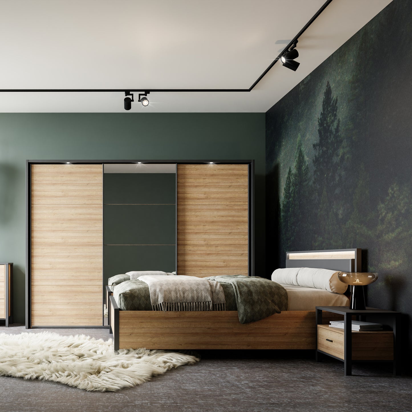 high rock bedside in matt black/riviera oak