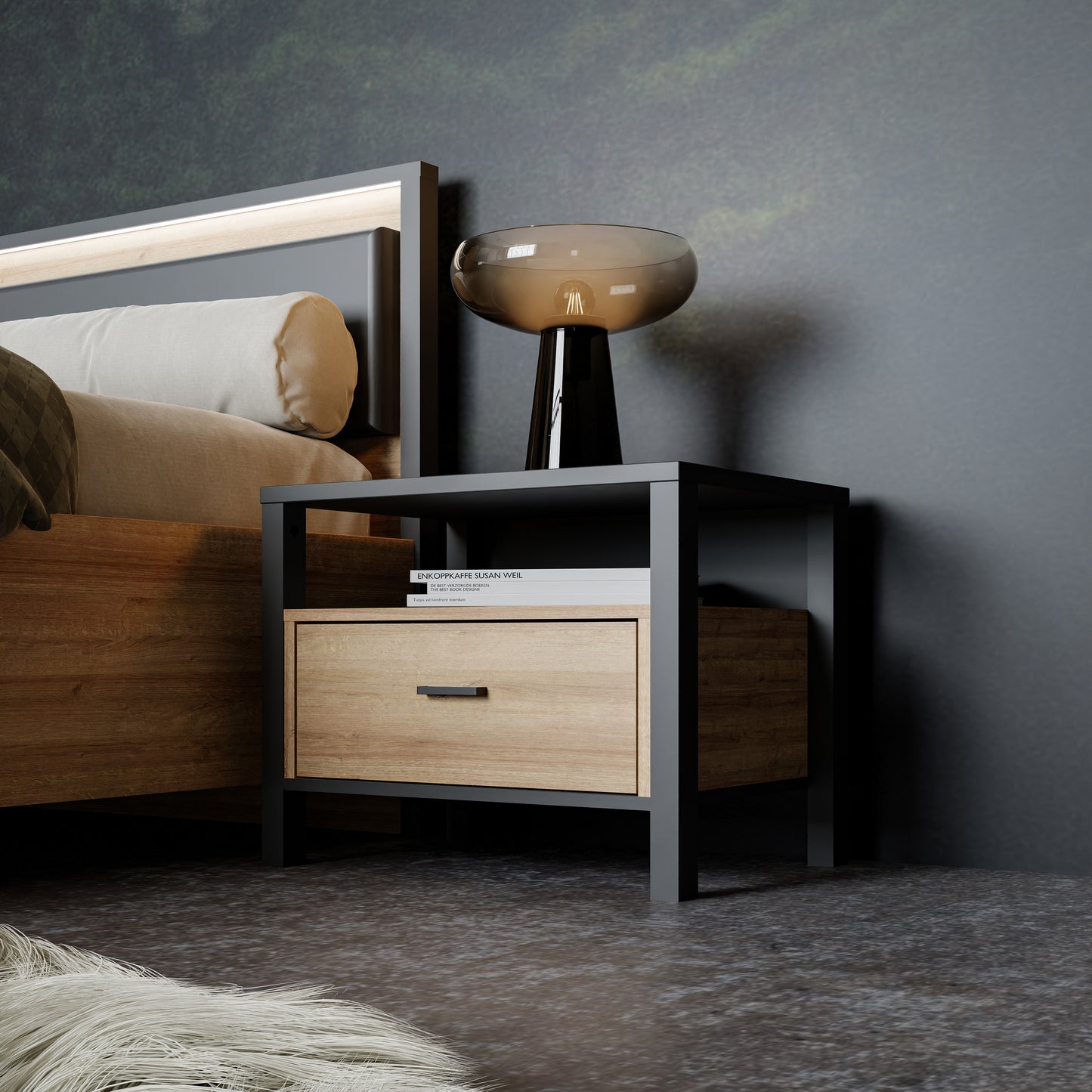 high rock bedside in matt black/riviera oak