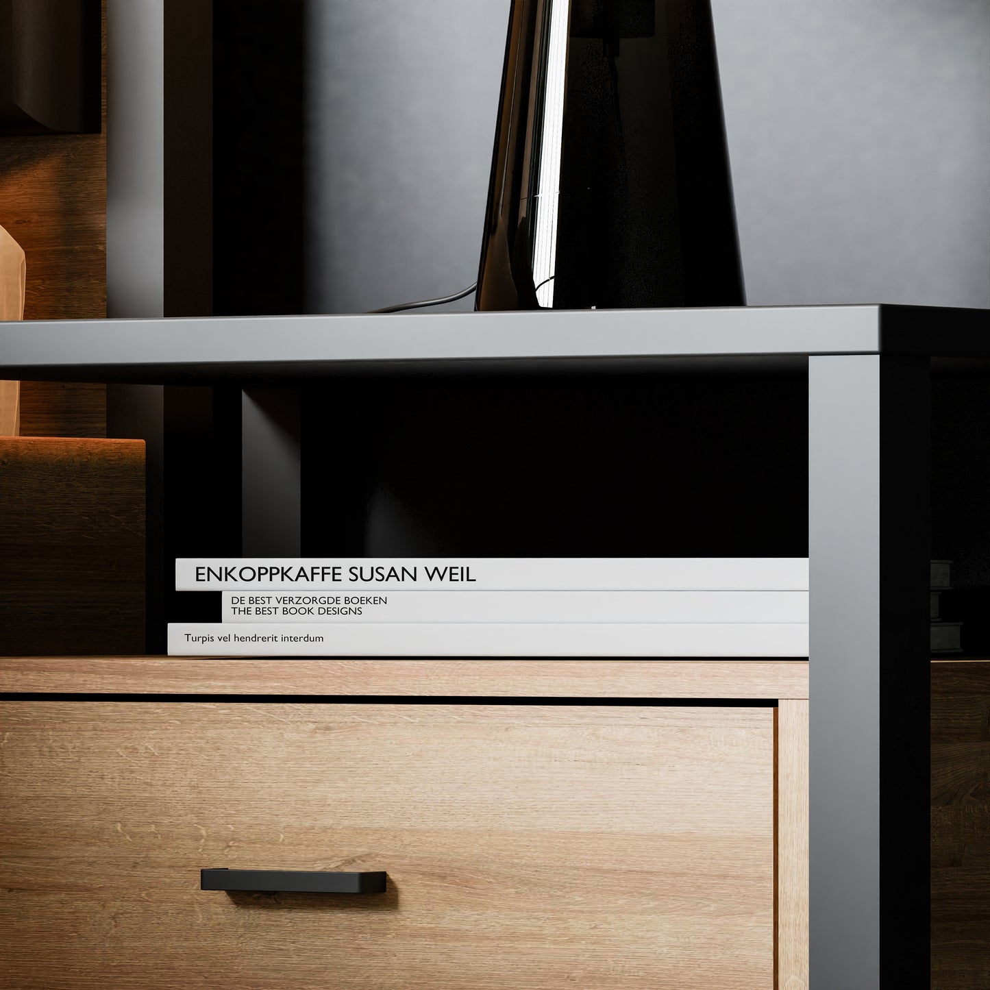 high rock bedside in matt black/riviera oak