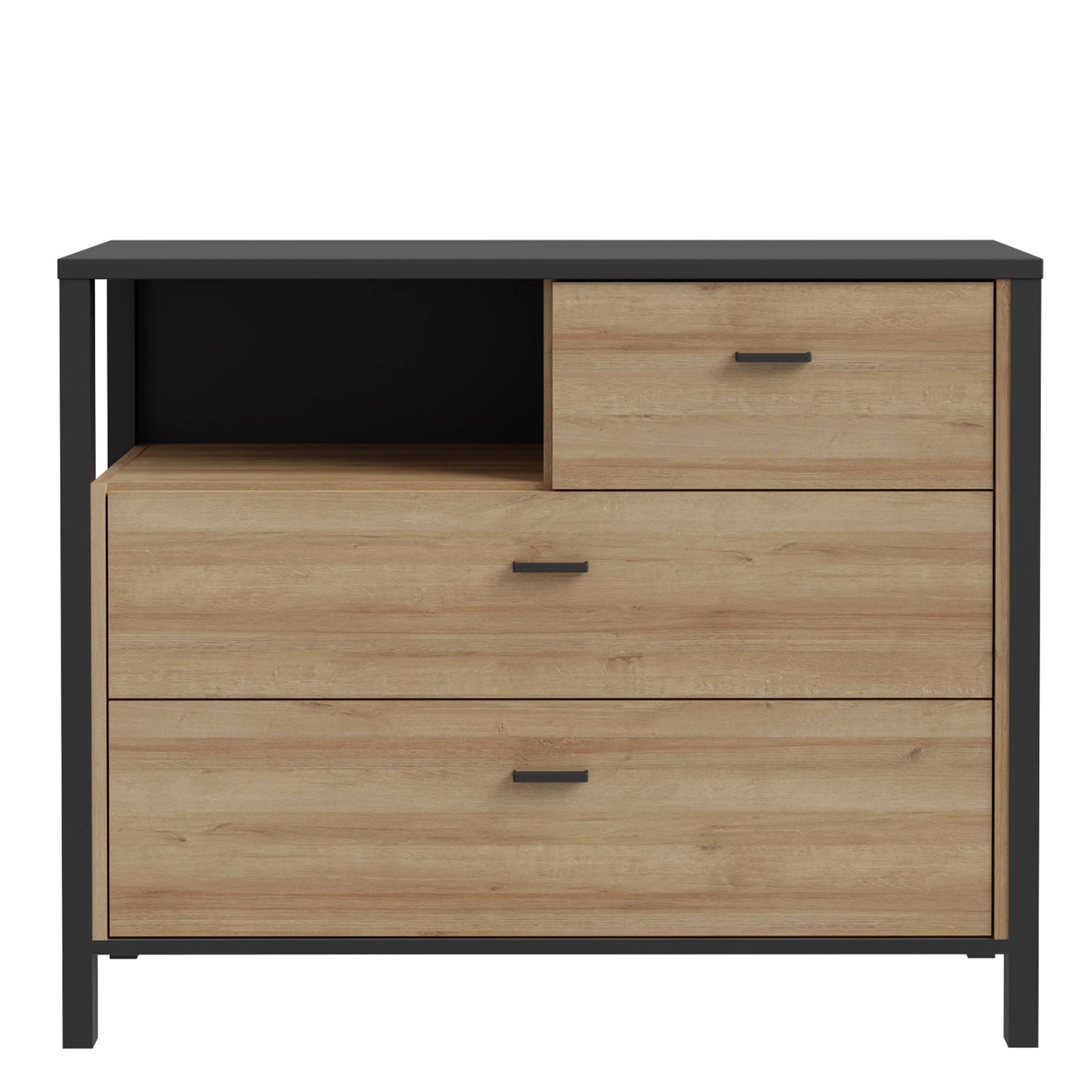 high rock chest of 3 drawers in matt black/riviera oak