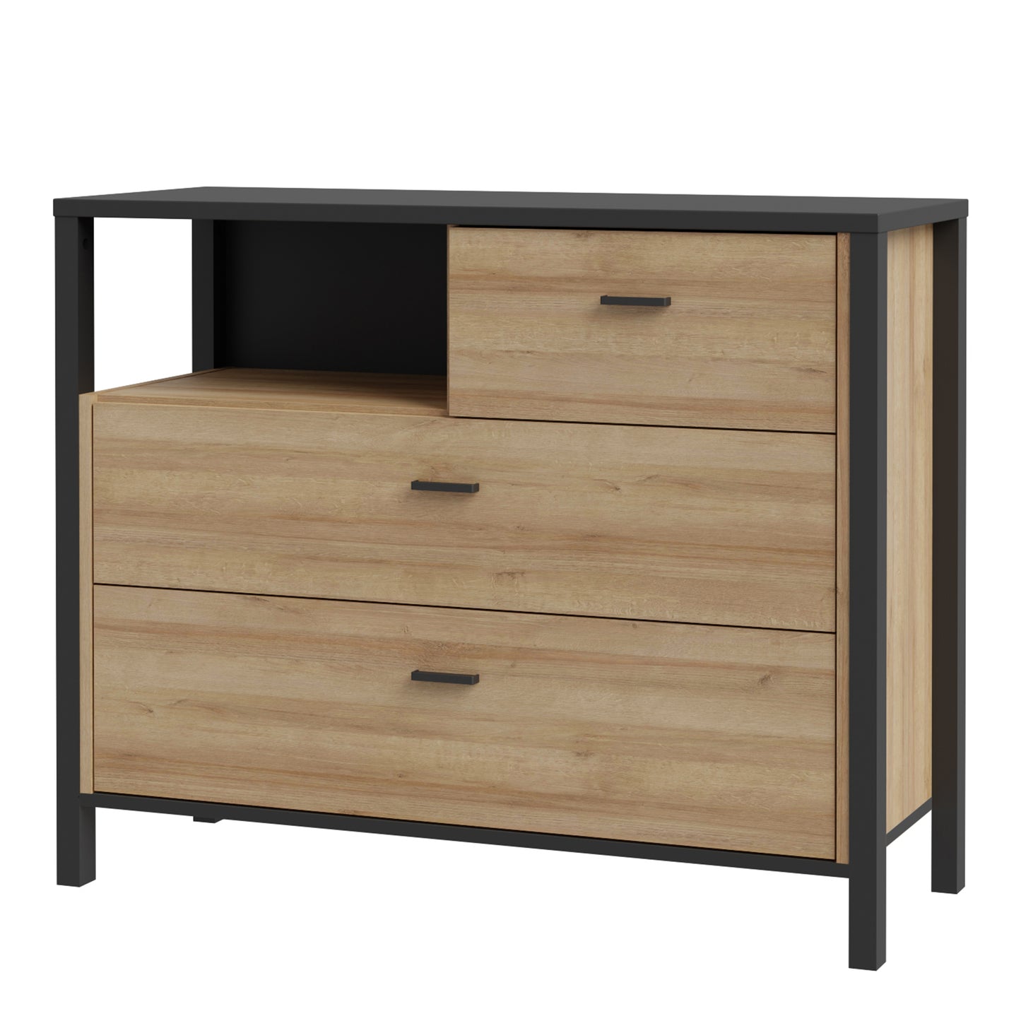 high rock chest of 3 drawers in matt black/riviera oak