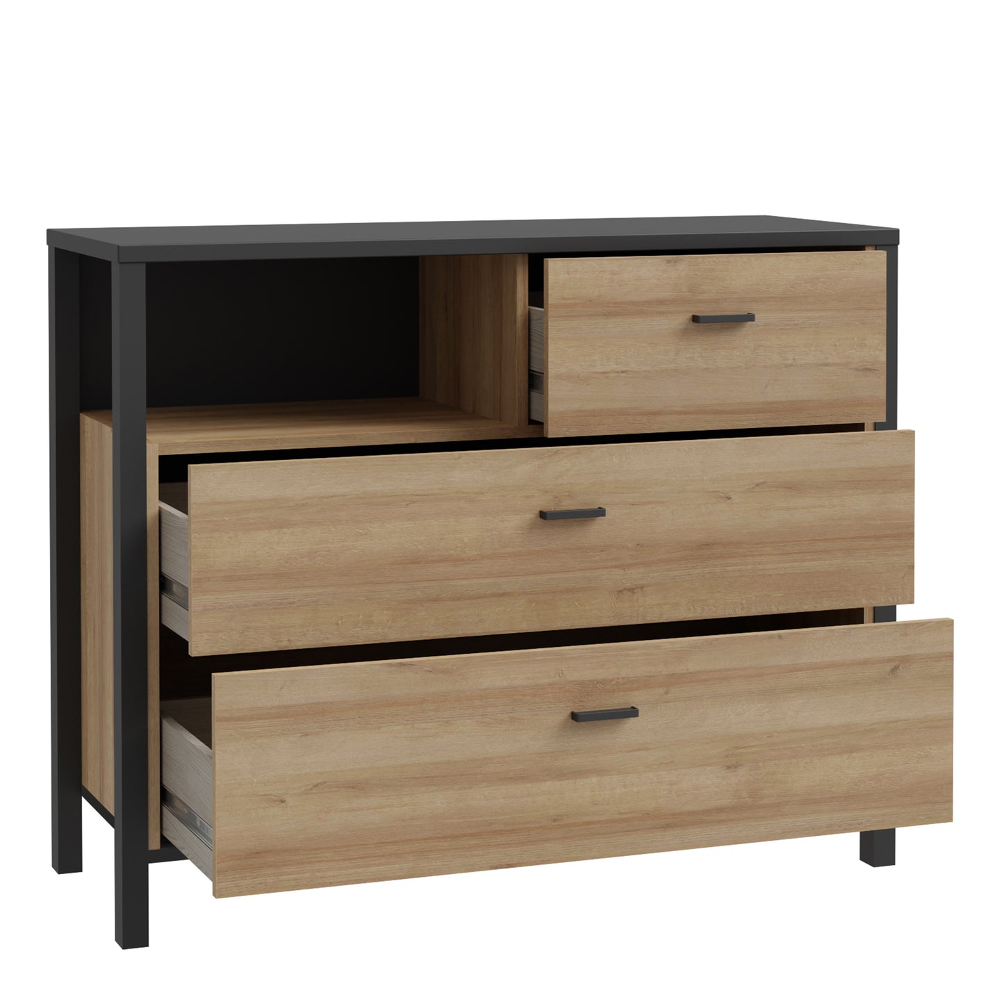 high rock chest of 3 drawers in matt black/riviera oak