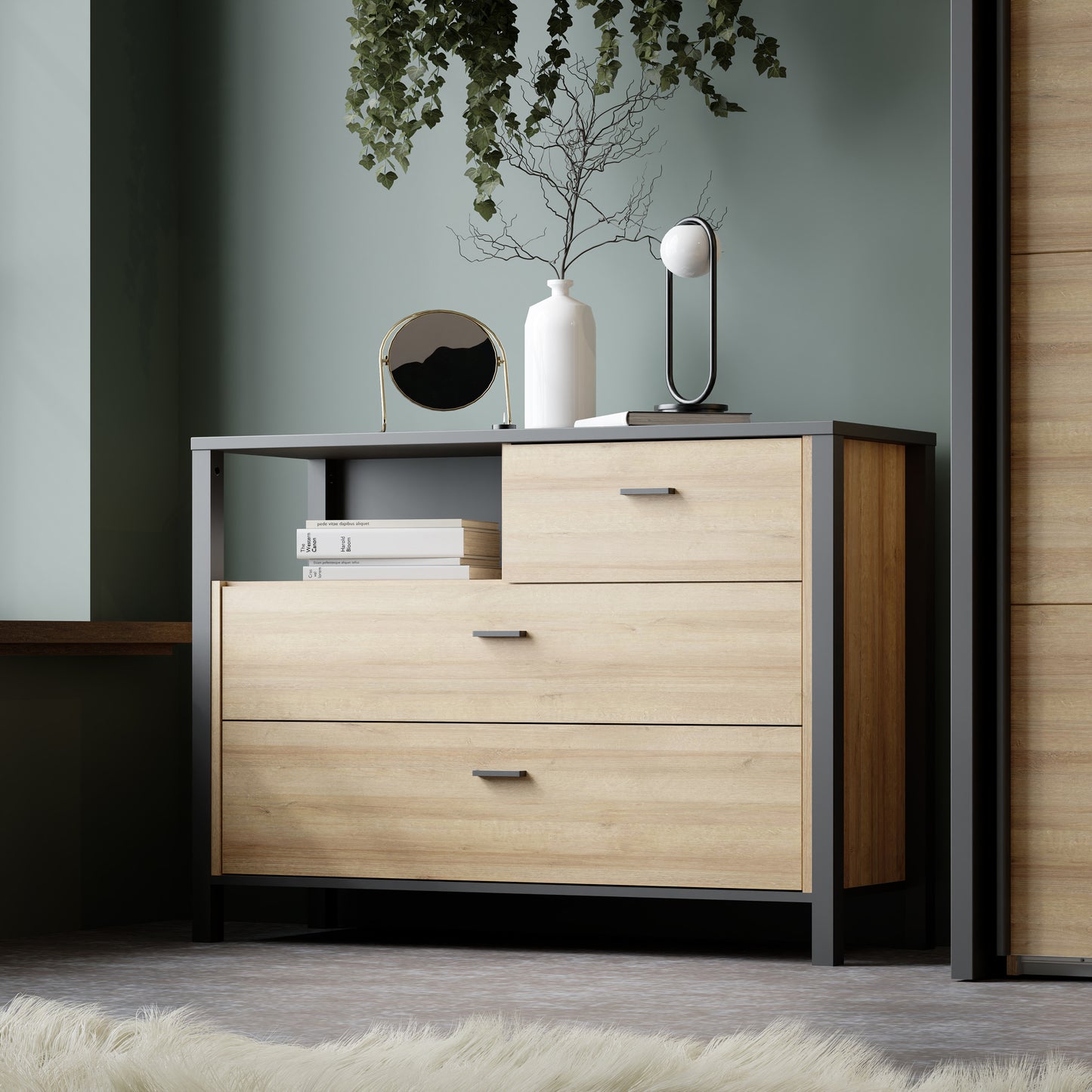 high rock chest of 3 drawers in matt black/riviera oak