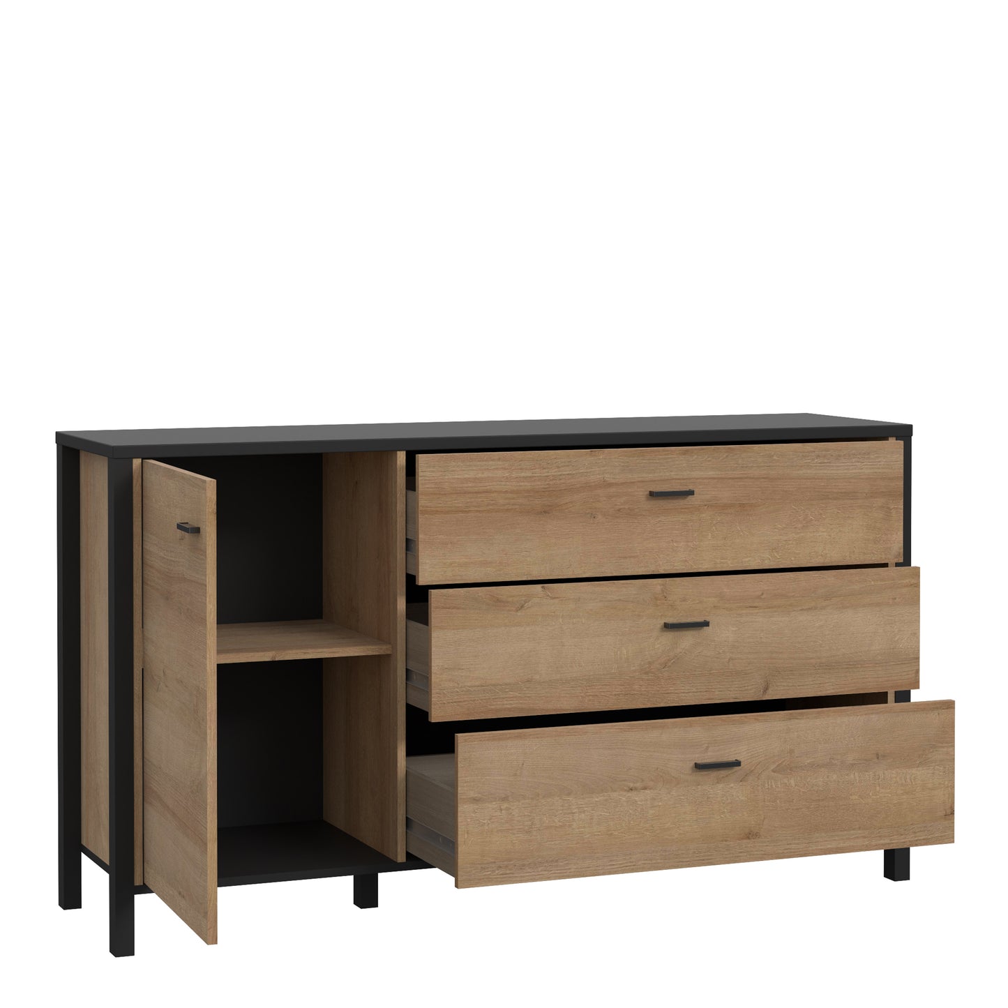 high rock 1 door 3 drawer sideboard in matt black/riviera oak