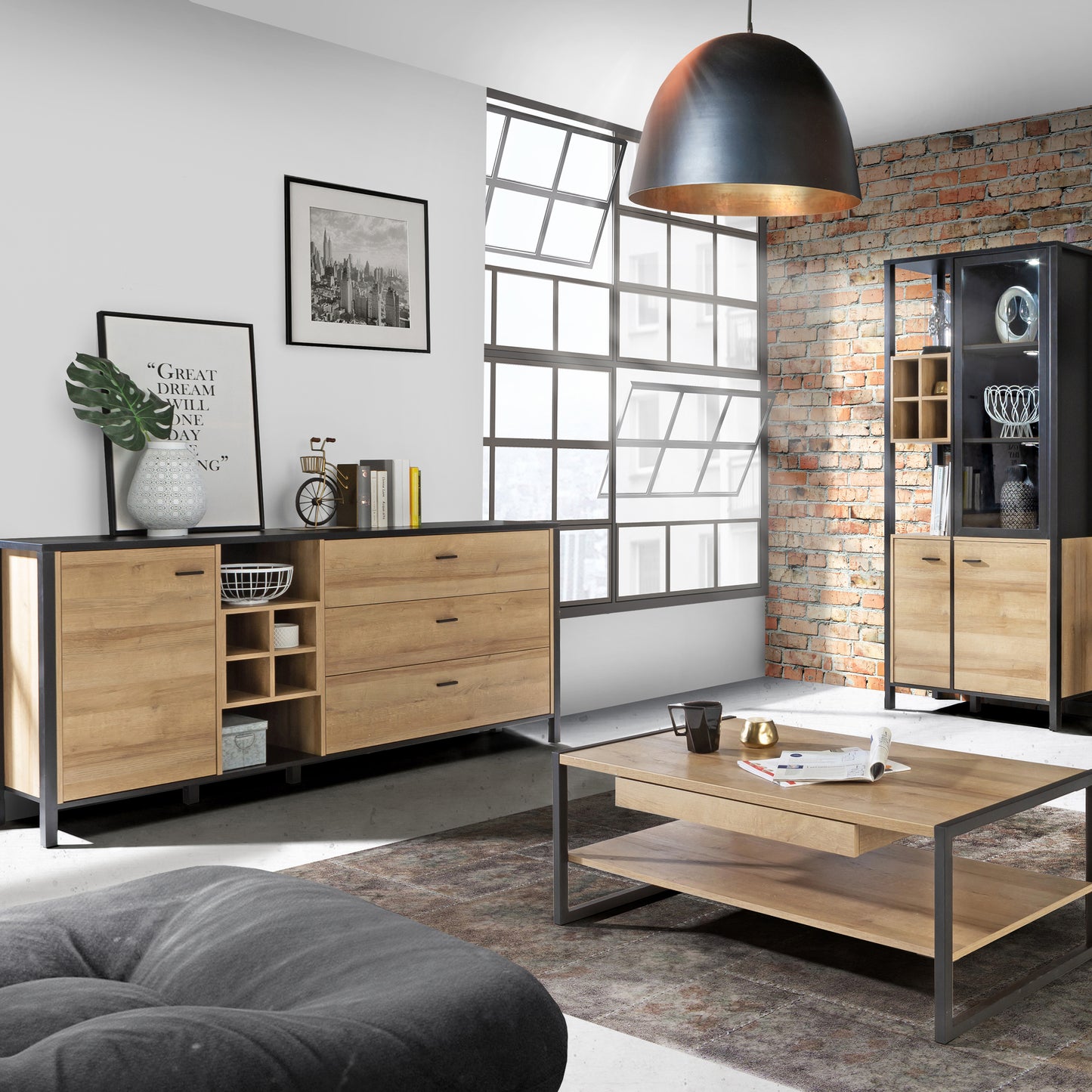 high rock (large) sideboard in matt black/riviera oak