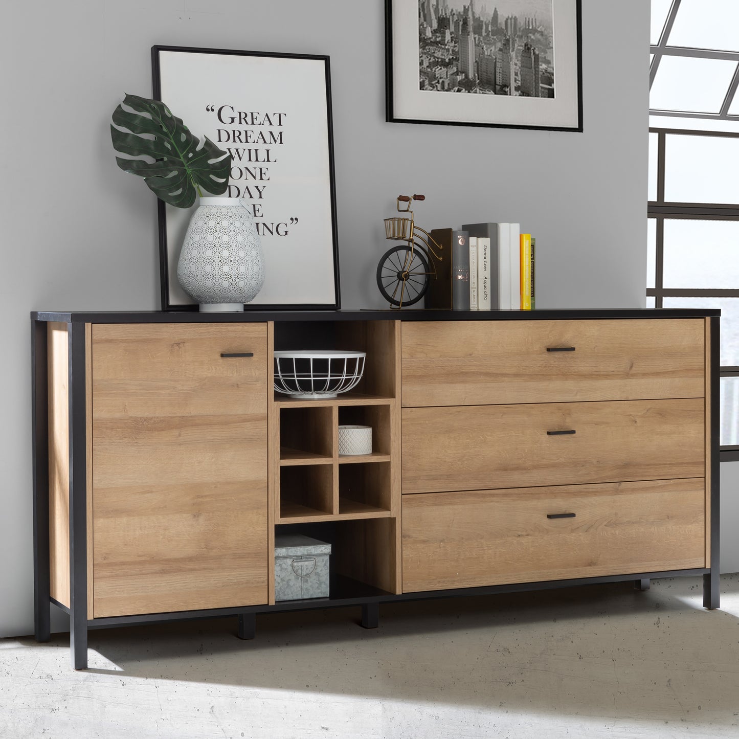 high rock (large) sideboard in matt black/riviera oak