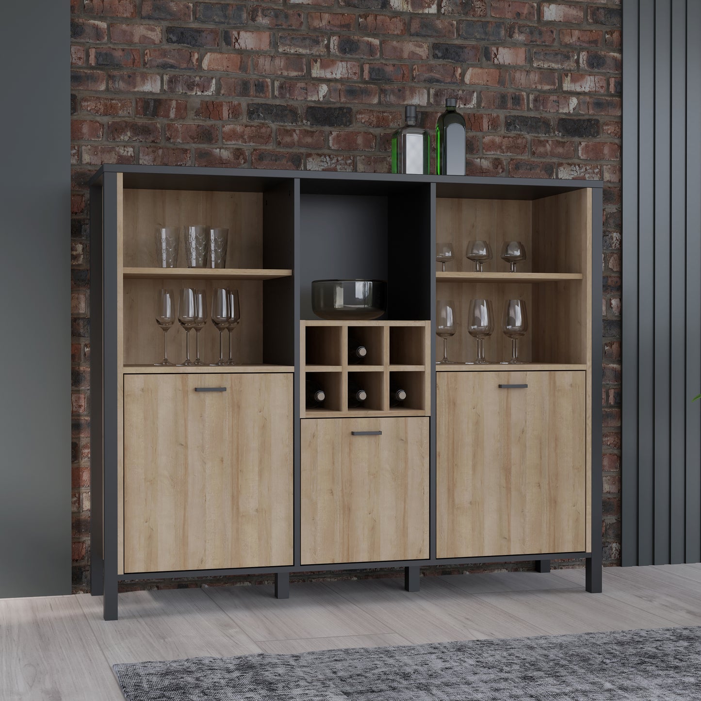 high rock shelf unit in matt black/riviera oak