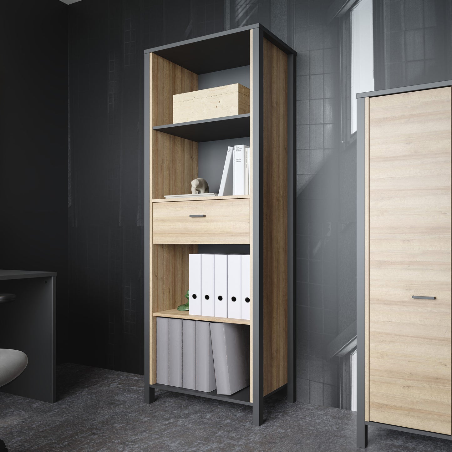 high rock shelf unit in matt black/riviera oak