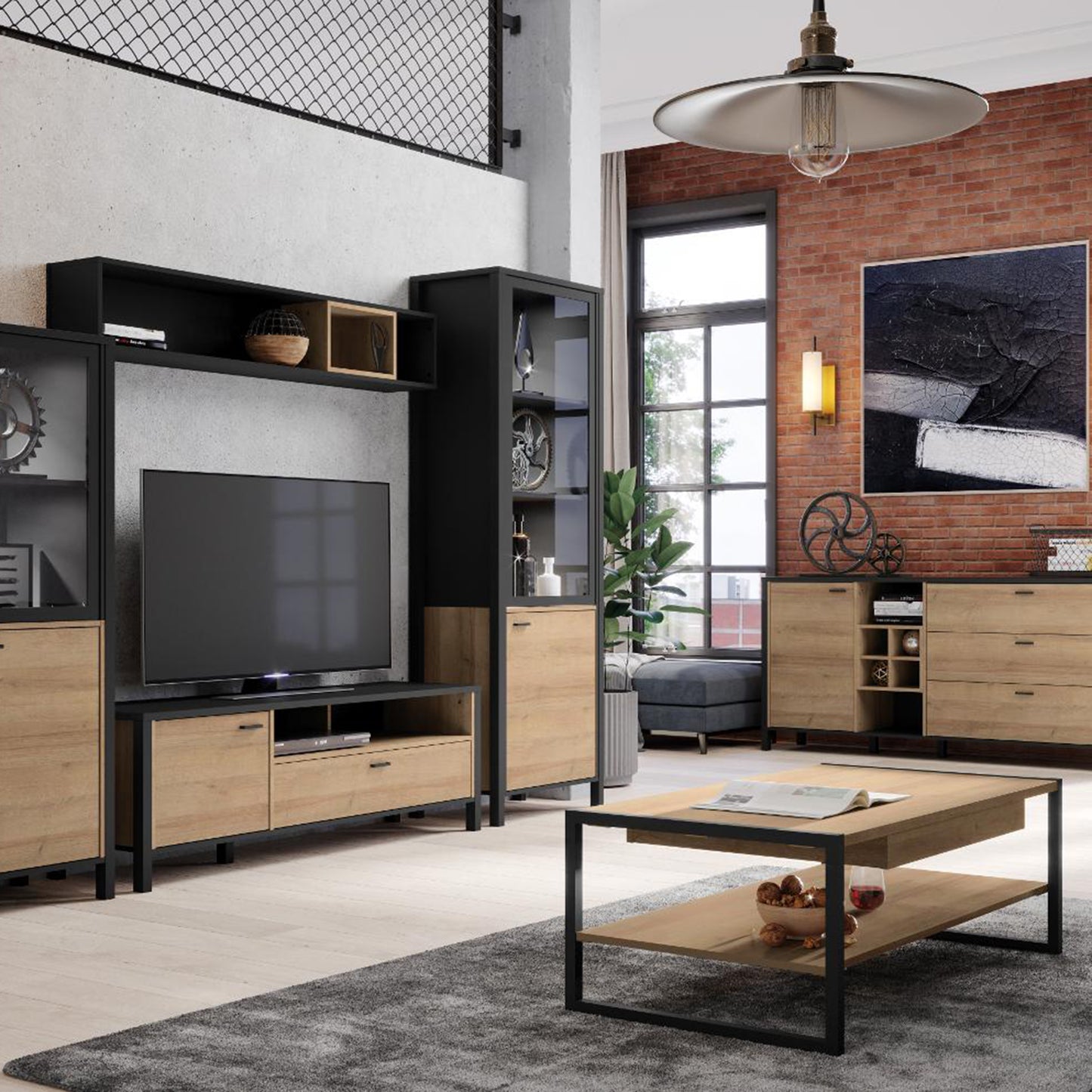high rock tv unit in matt black/riviera oak