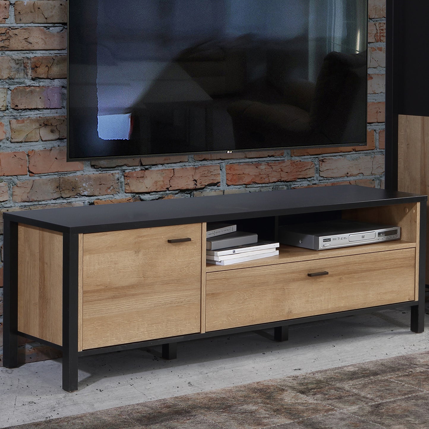 high rock tv unit in matt black/riviera oak