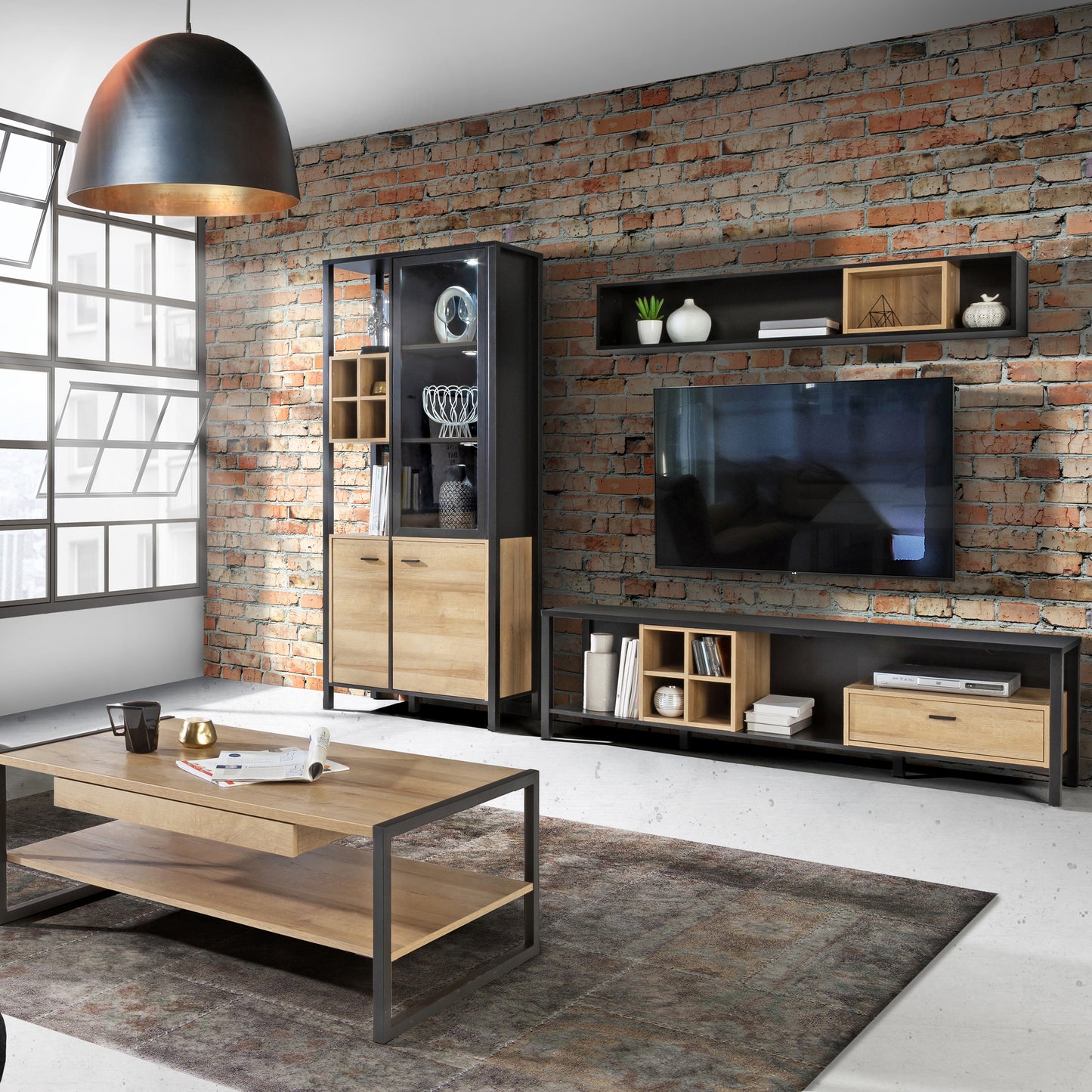 high rock wide tv unit in matt black/riviera oak