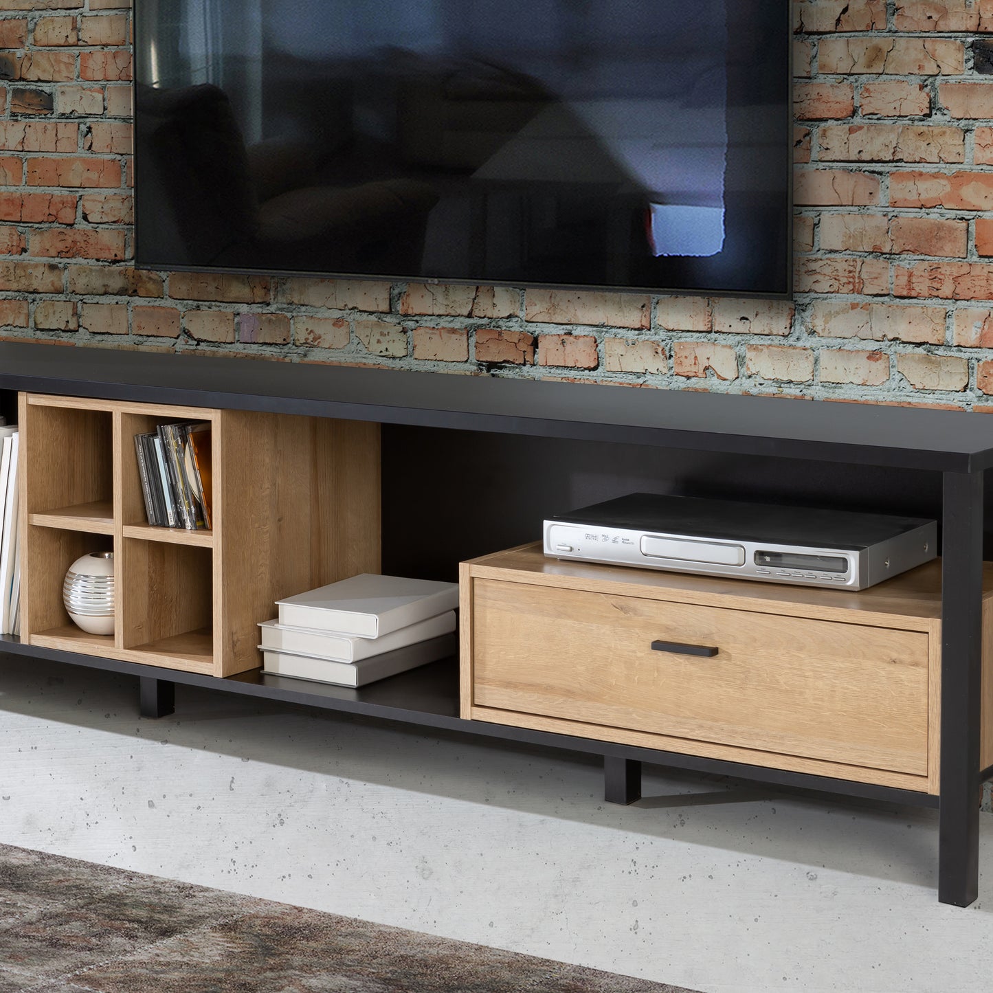 high rock wide tv unit in matt black/riviera oak