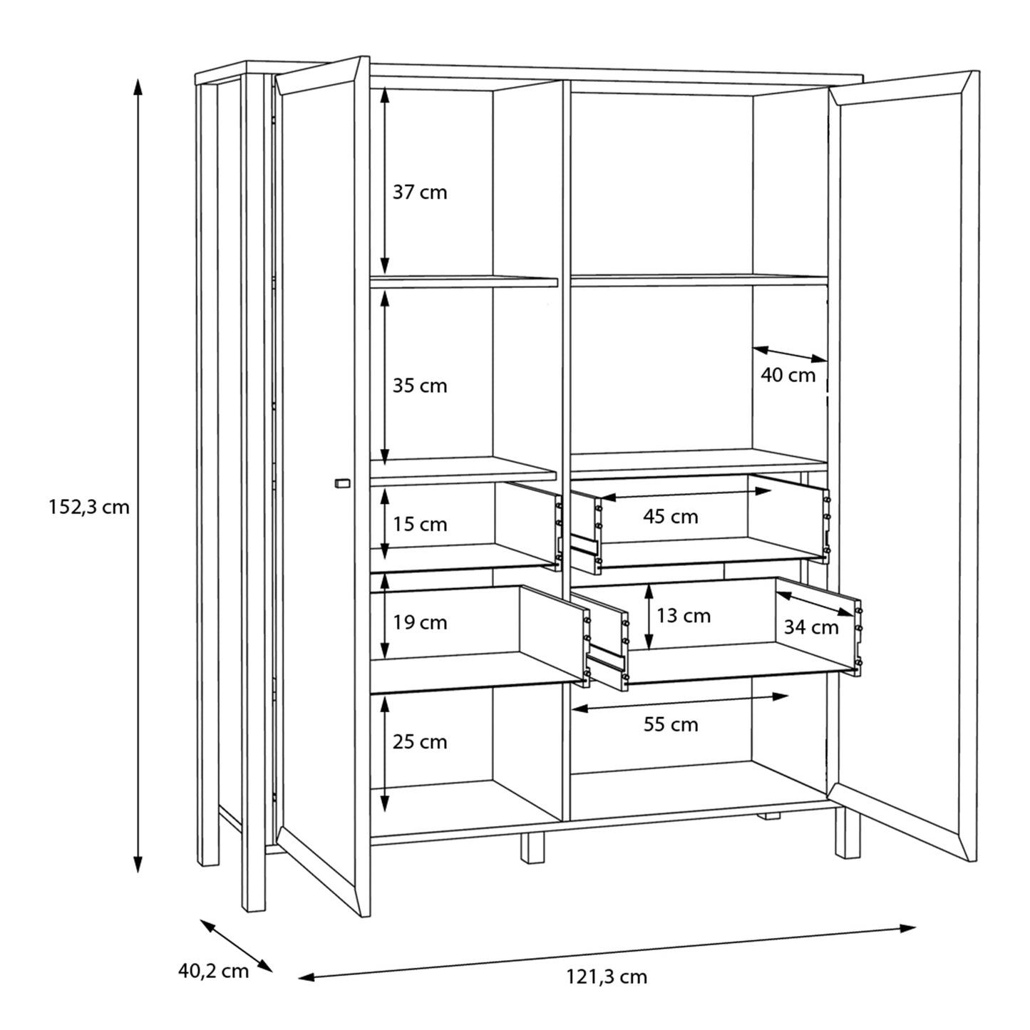 high rock extra wide display cabinet in matt black/riviera oak
