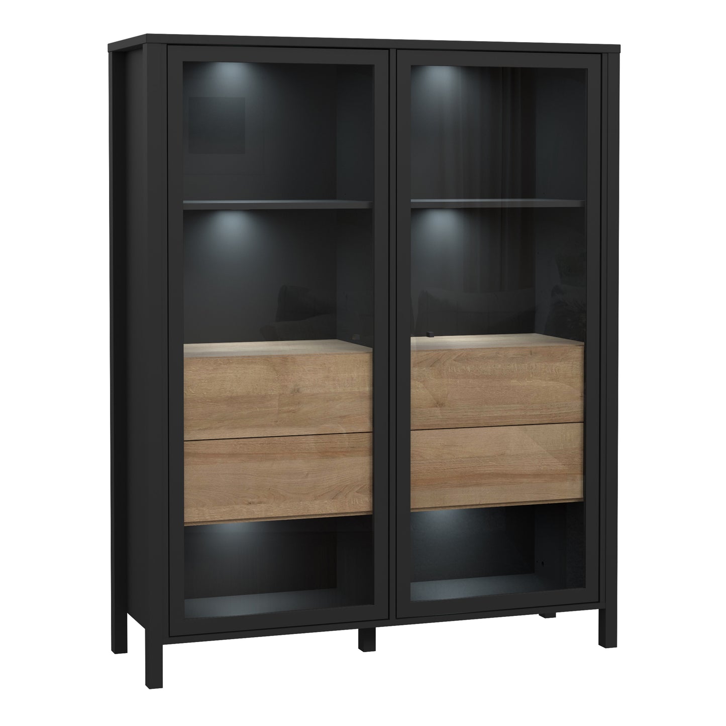 high rock extra wide display cabinet in matt black/riviera oak