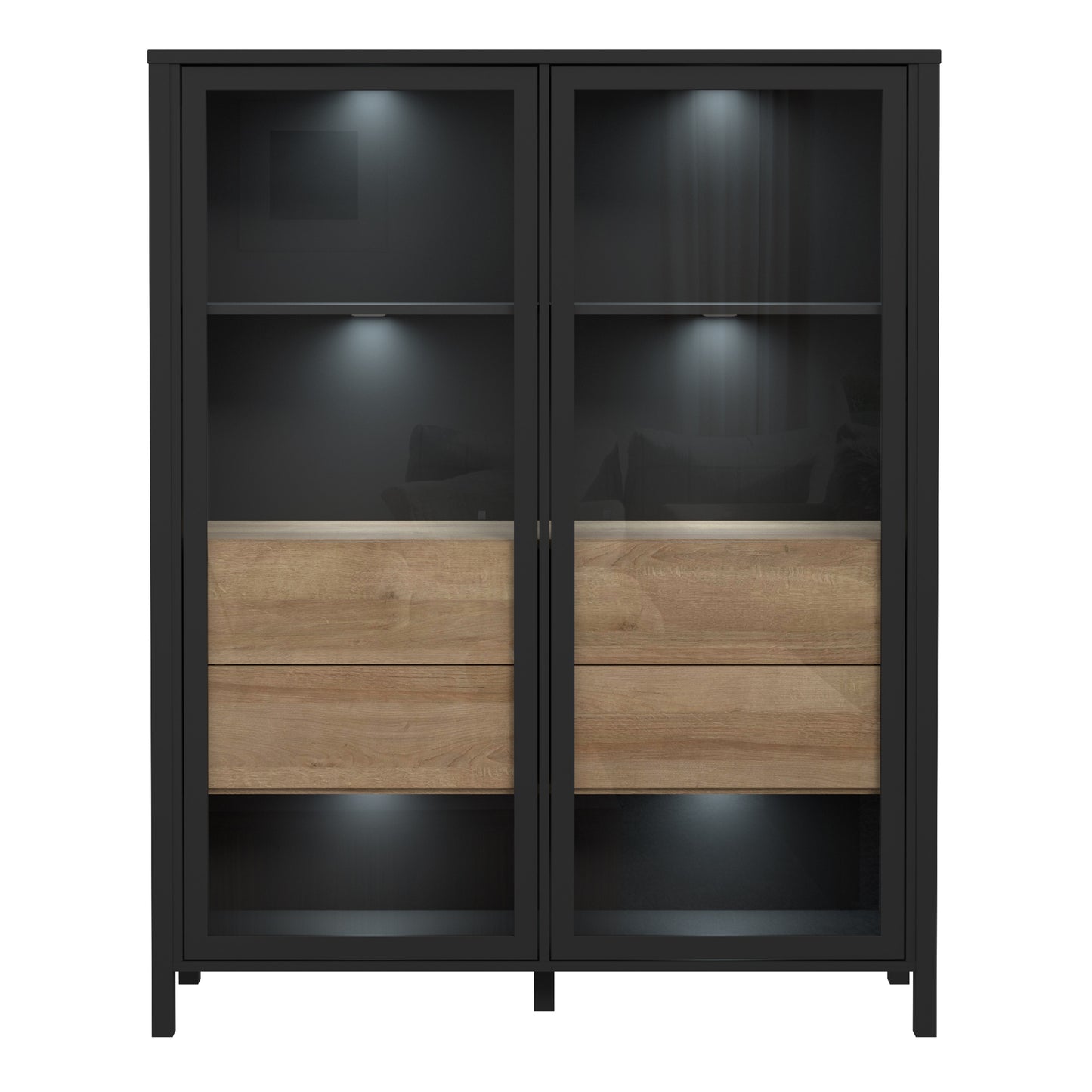 high rock extra wide display cabinet in matt black/riviera oak