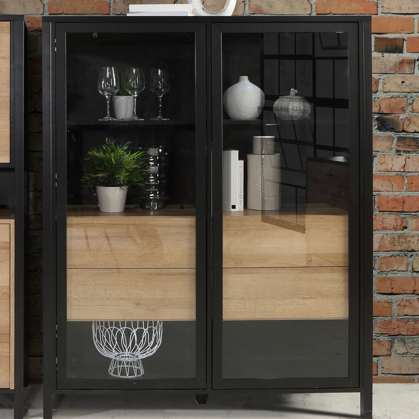 high rock extra wide display cabinet in matt black/riviera oak