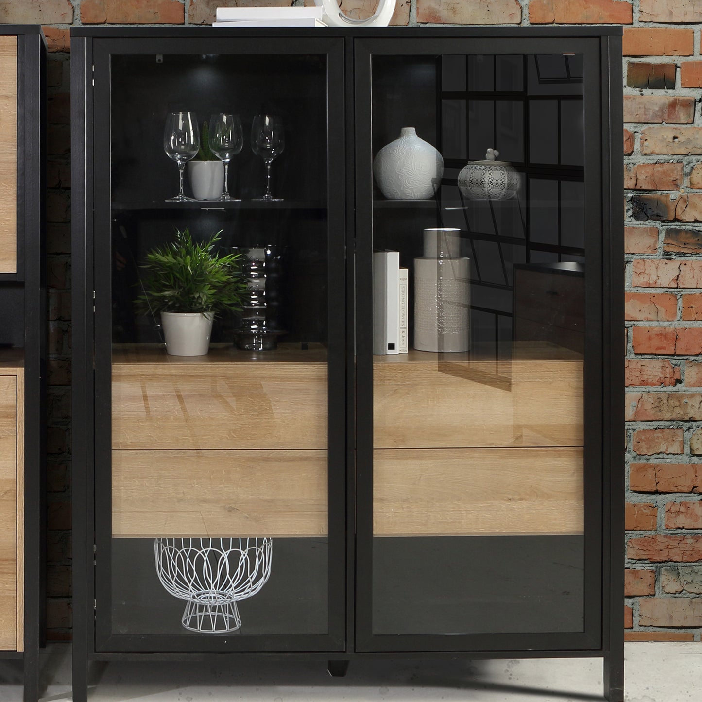 high rock extra wide display cabinet in matt black/riviera oak