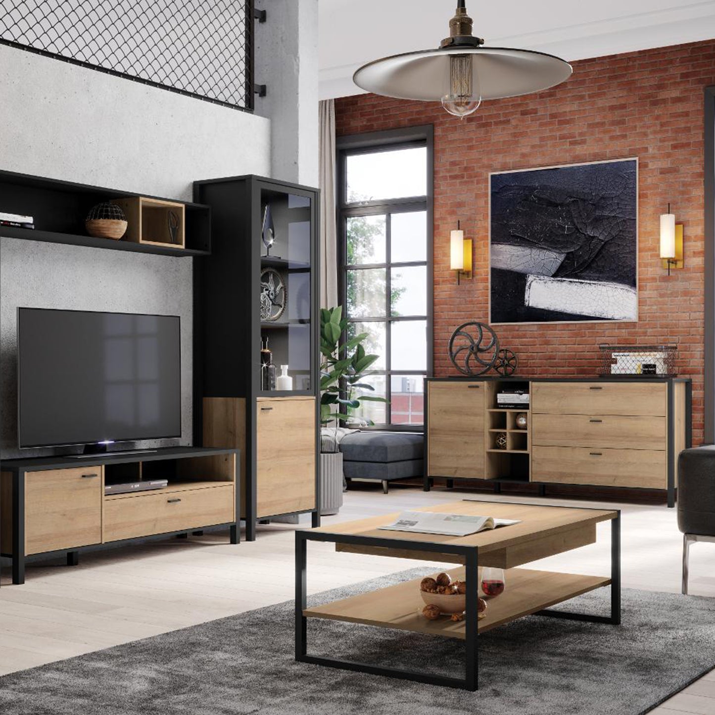 high rock wide display cabinet in matt black/riviera oak