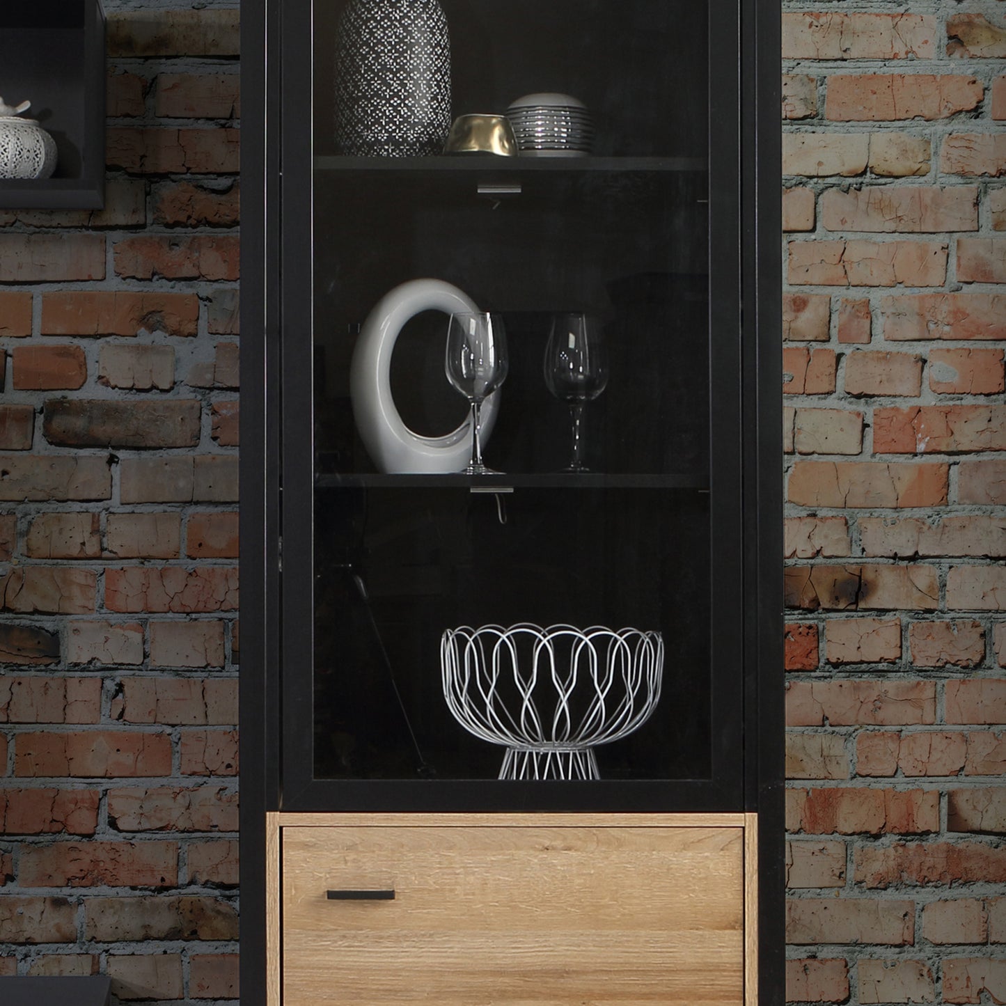 high rock wide display cabinet in matt black/riviera oak
