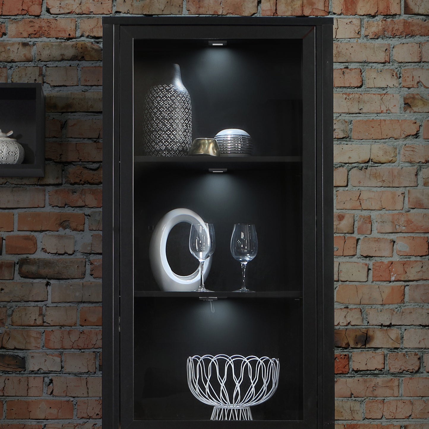 high rock wide display cabinet in matt black/riviera oak