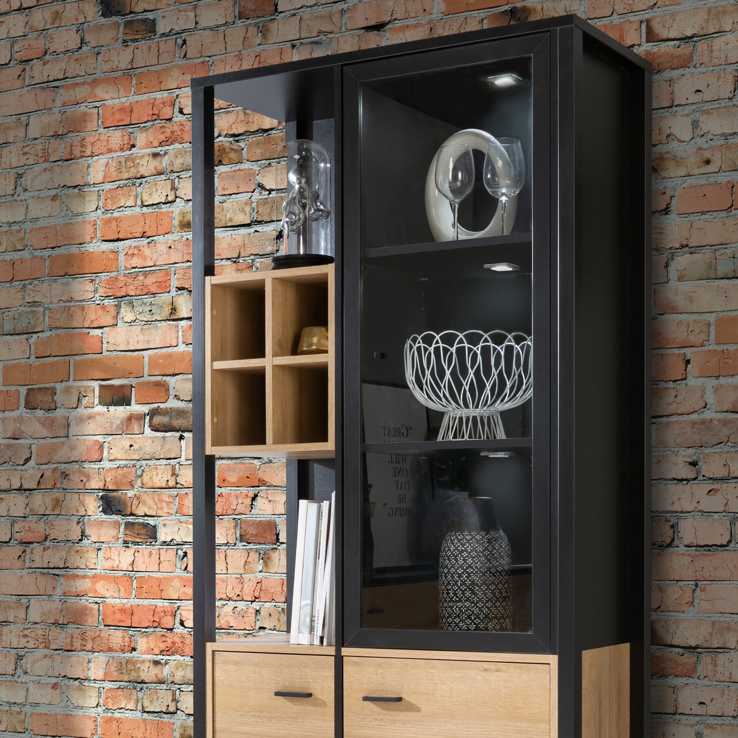 high rock display cabinet in matt black/riviera oak