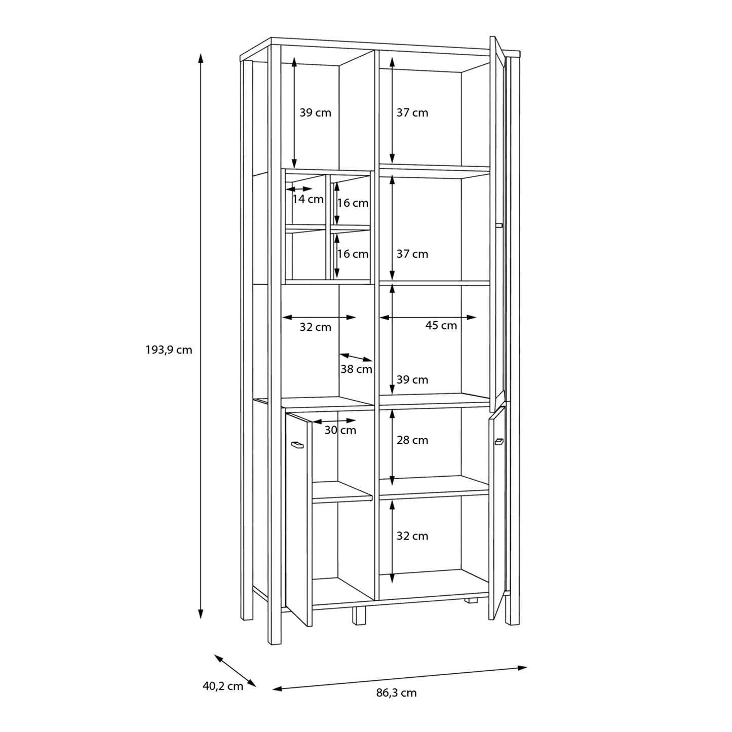 high rock display cabinet in matt black/riviera oak