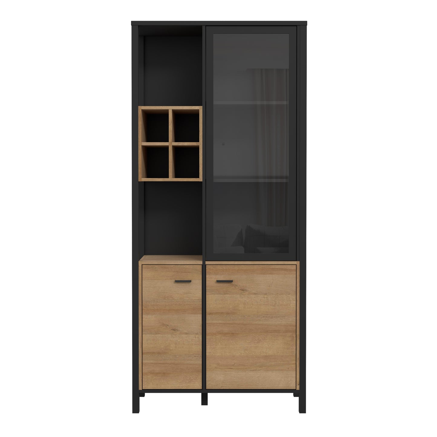 high rock display cabinet in matt black/riviera oak