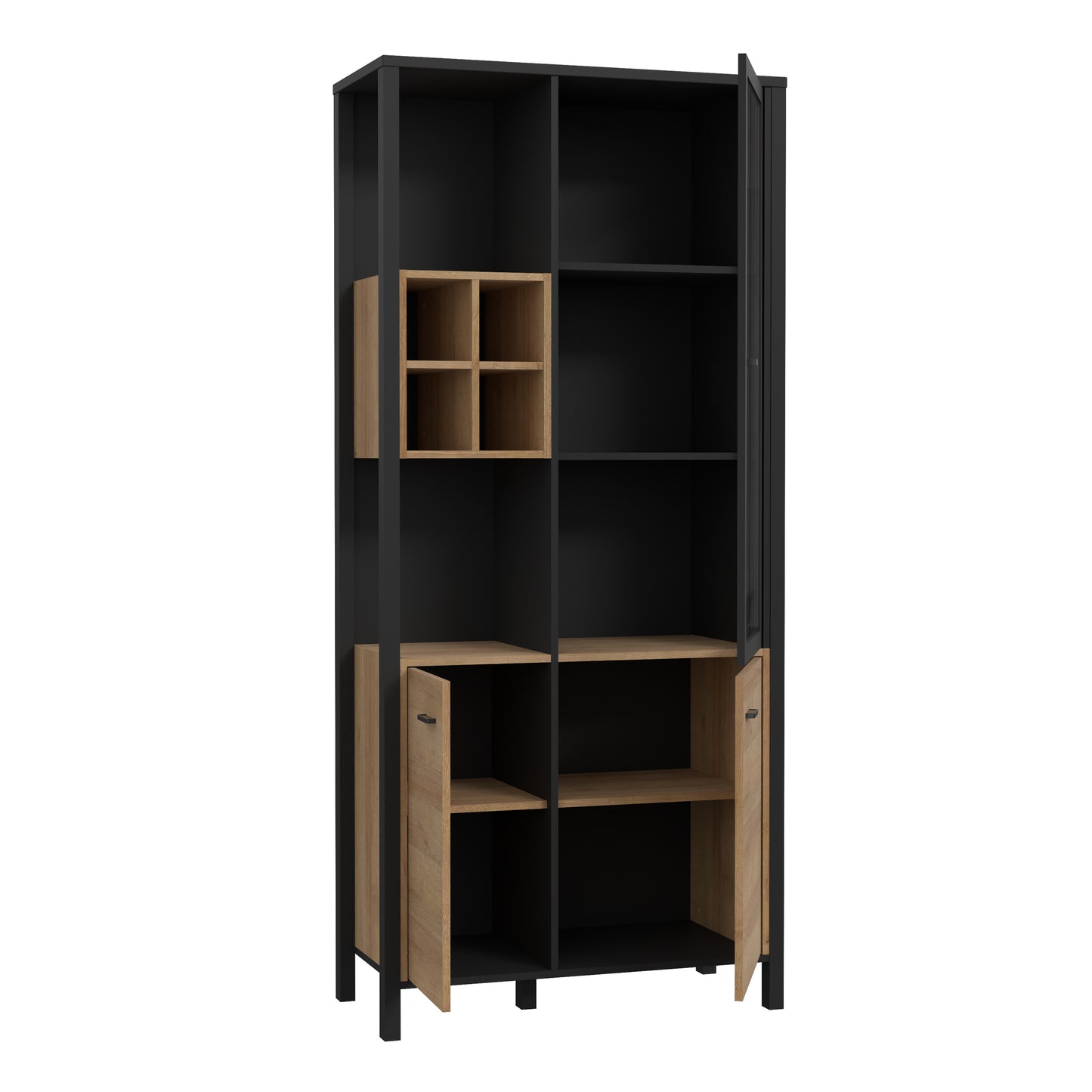 high rock display cabinet in matt black/riviera oak