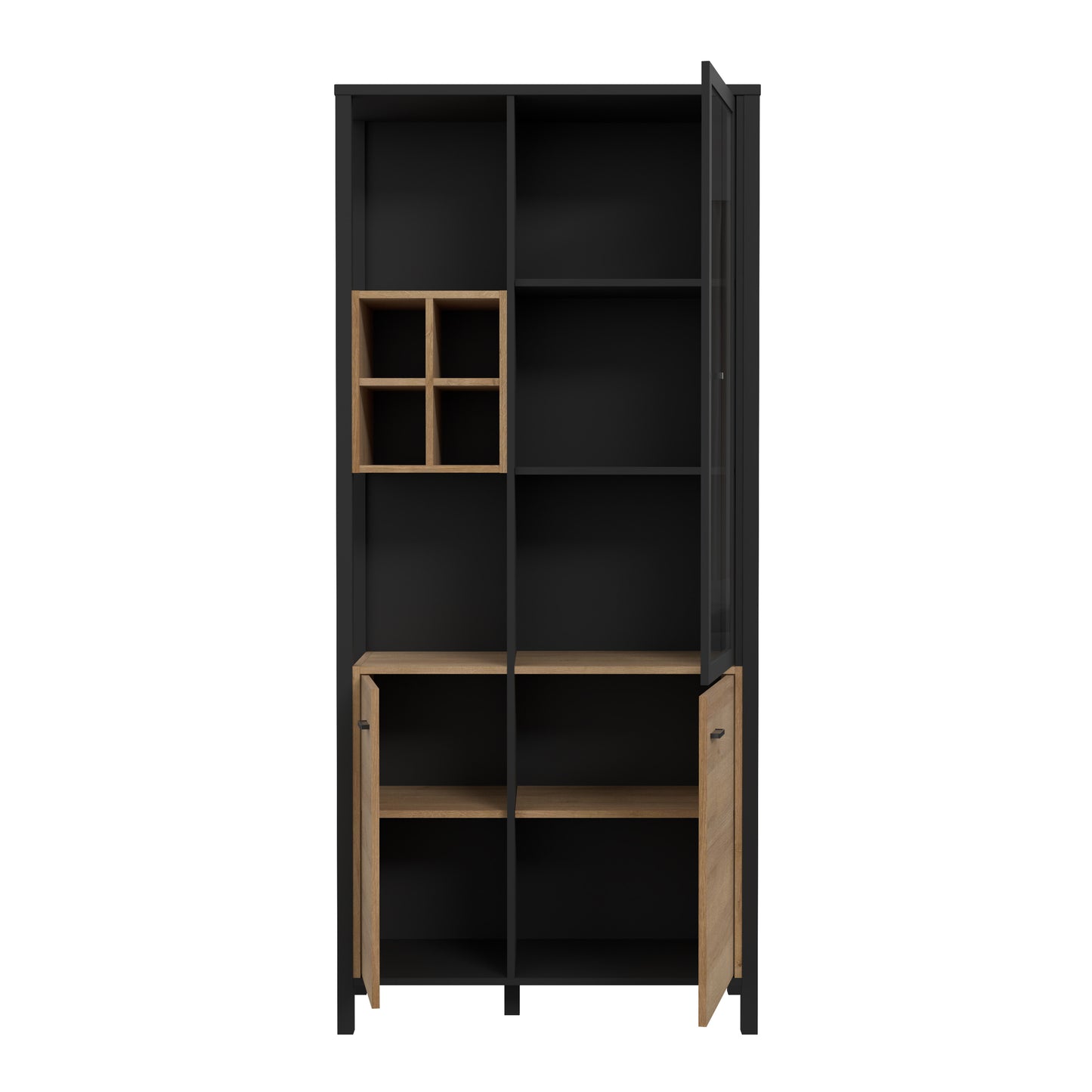 high rock display cabinet in matt black/riviera oak