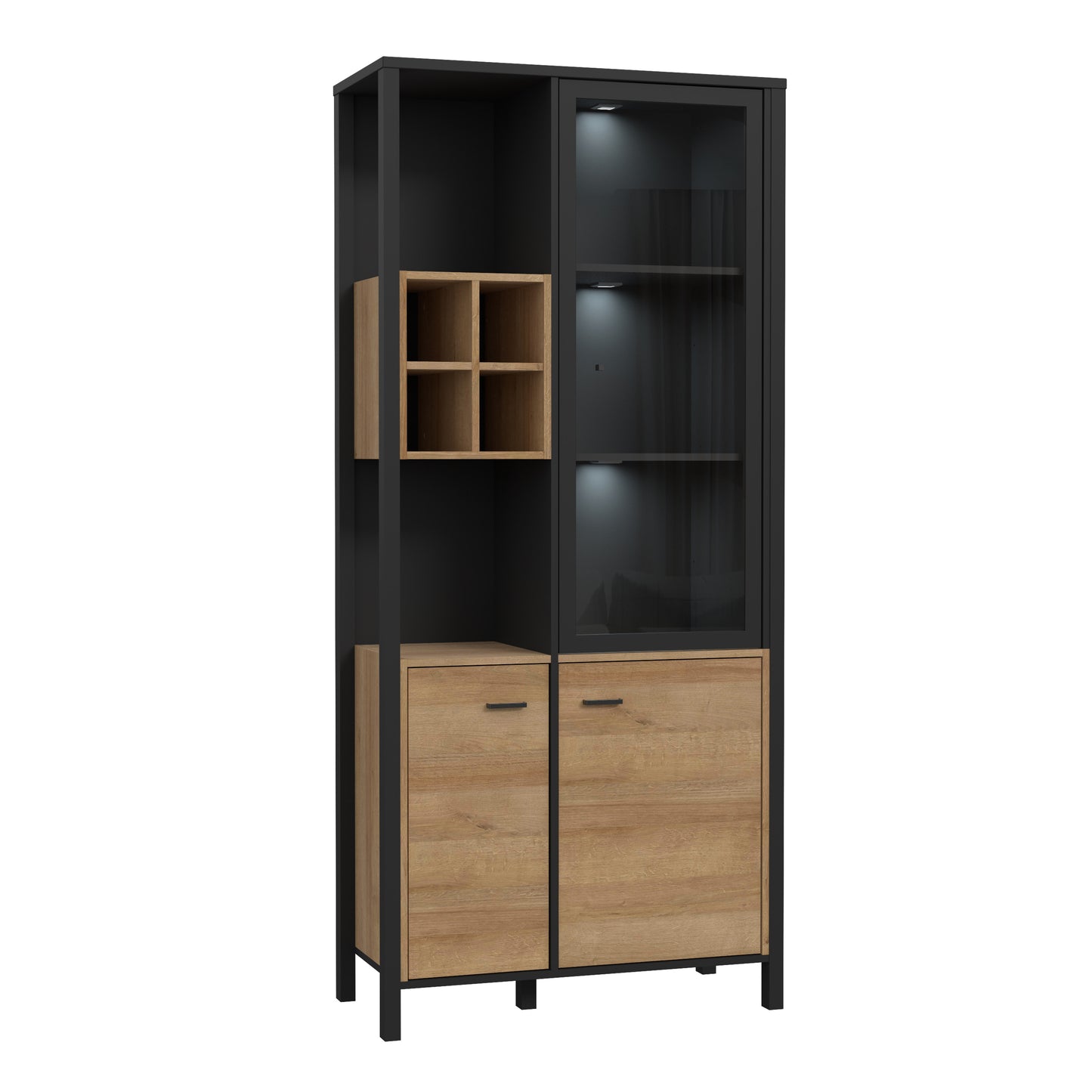 high rock display cabinet in matt black/riviera oak