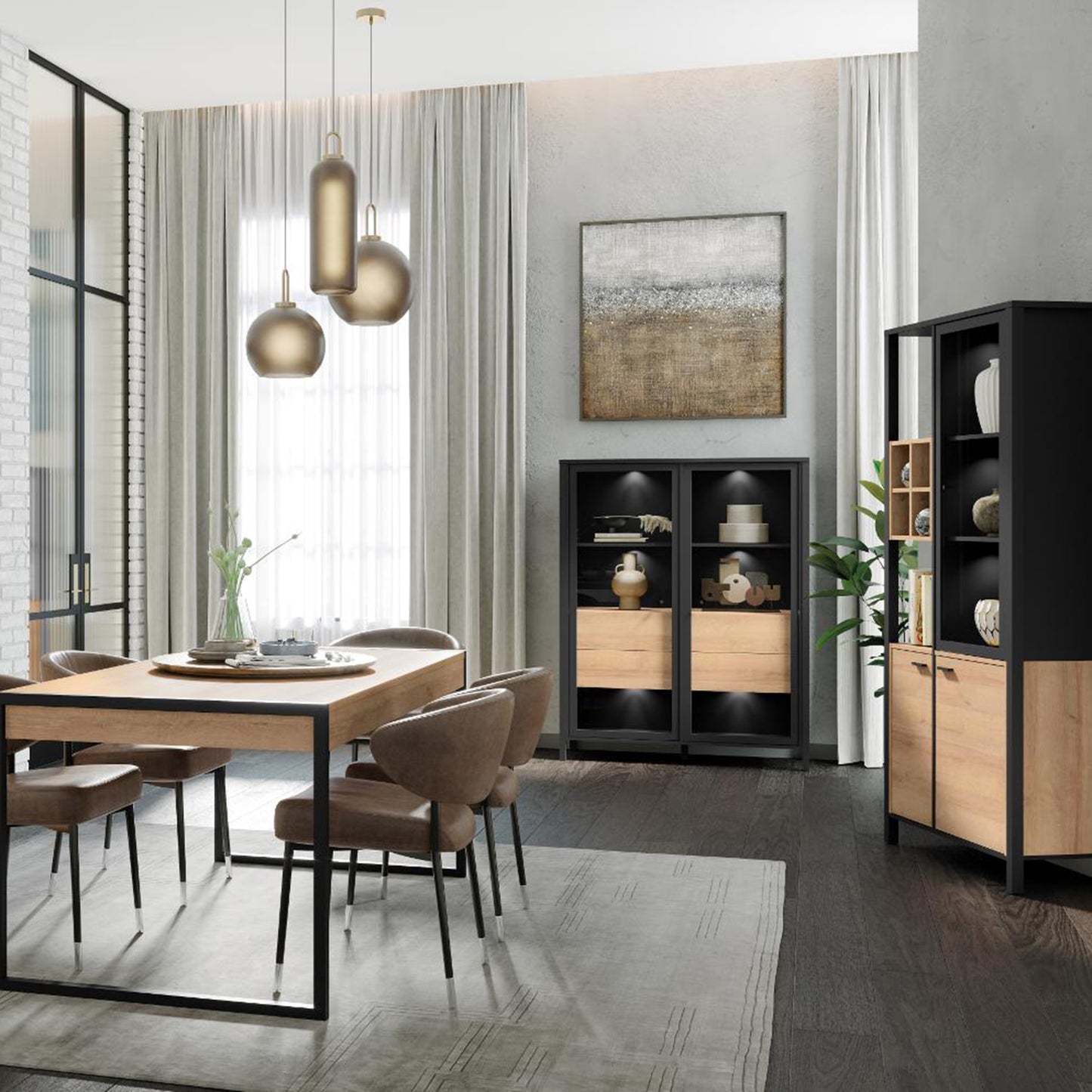 high rock display cabinet in matt black/riviera oak