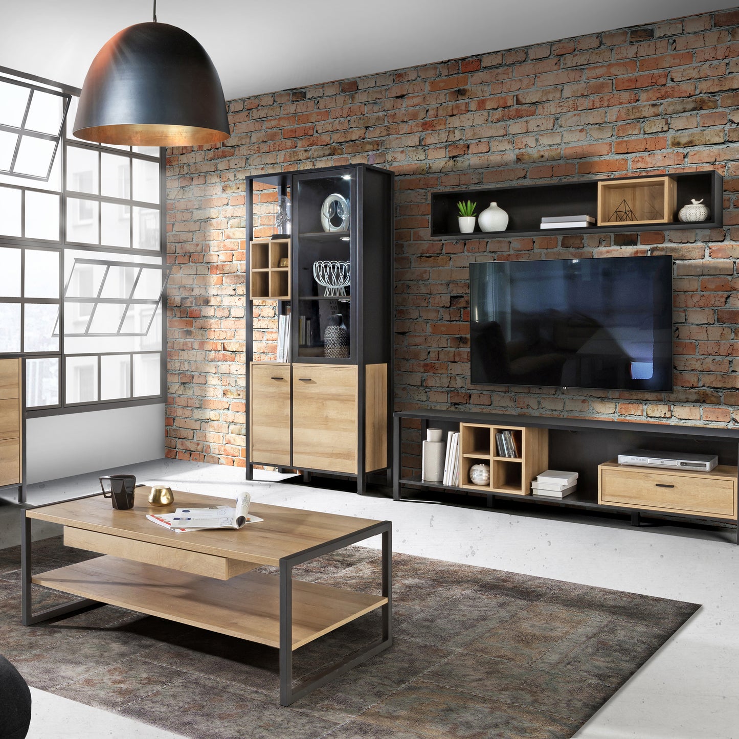 high rock display cabinet in matt black/riviera oak