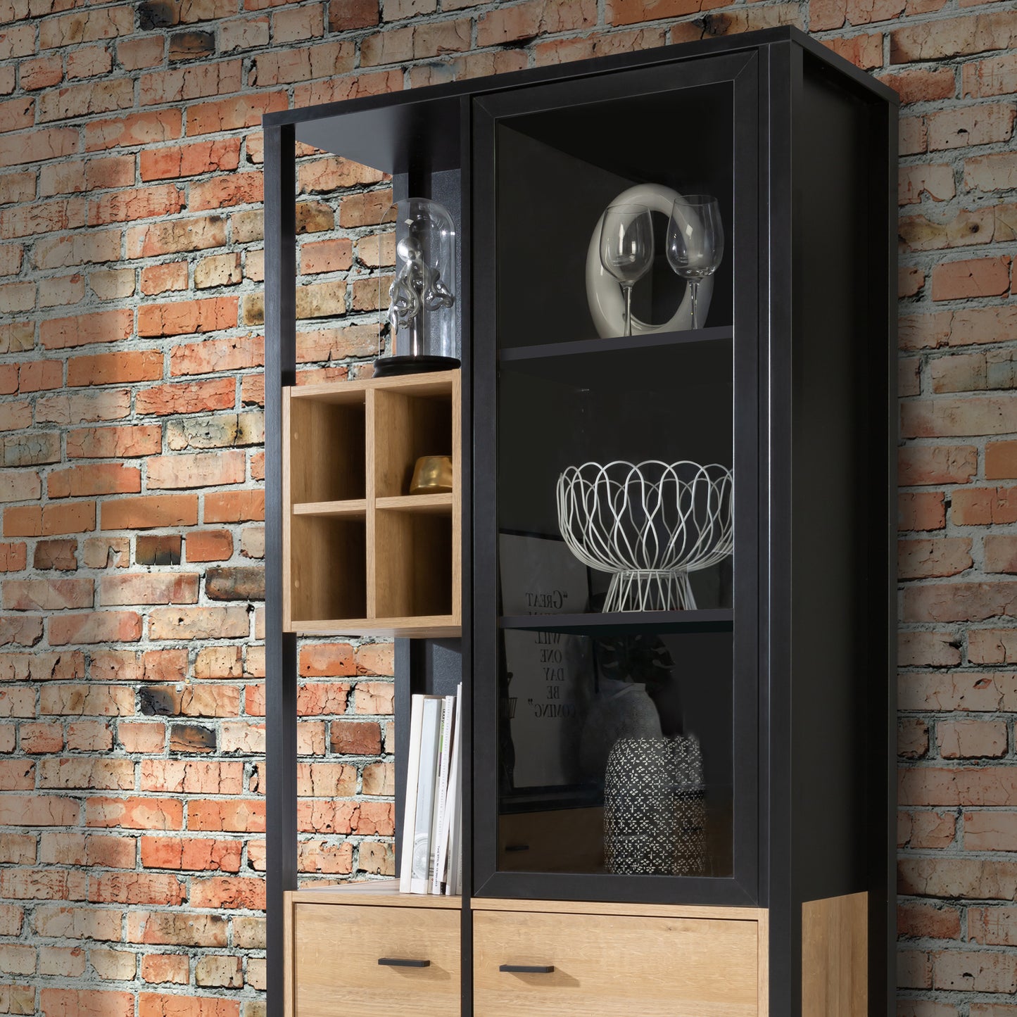 high rock display cabinet in matt black/riviera oak